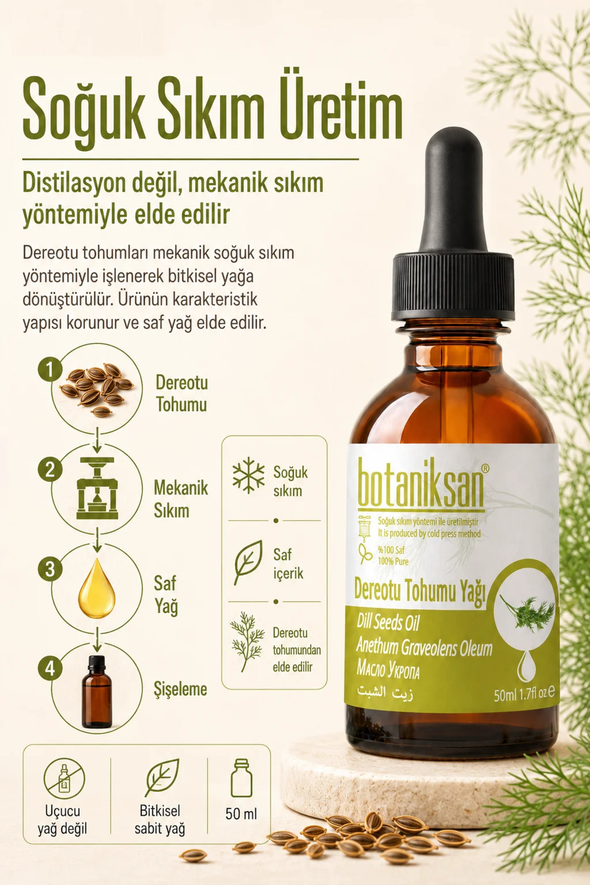 Dereotu Tohumu Yağı 50 ml Soğuk Sıkım Saf ve Katkısız, Doğal — DEREOTU TOHUMU YAĞI 50ML — تصویر 3 از 8