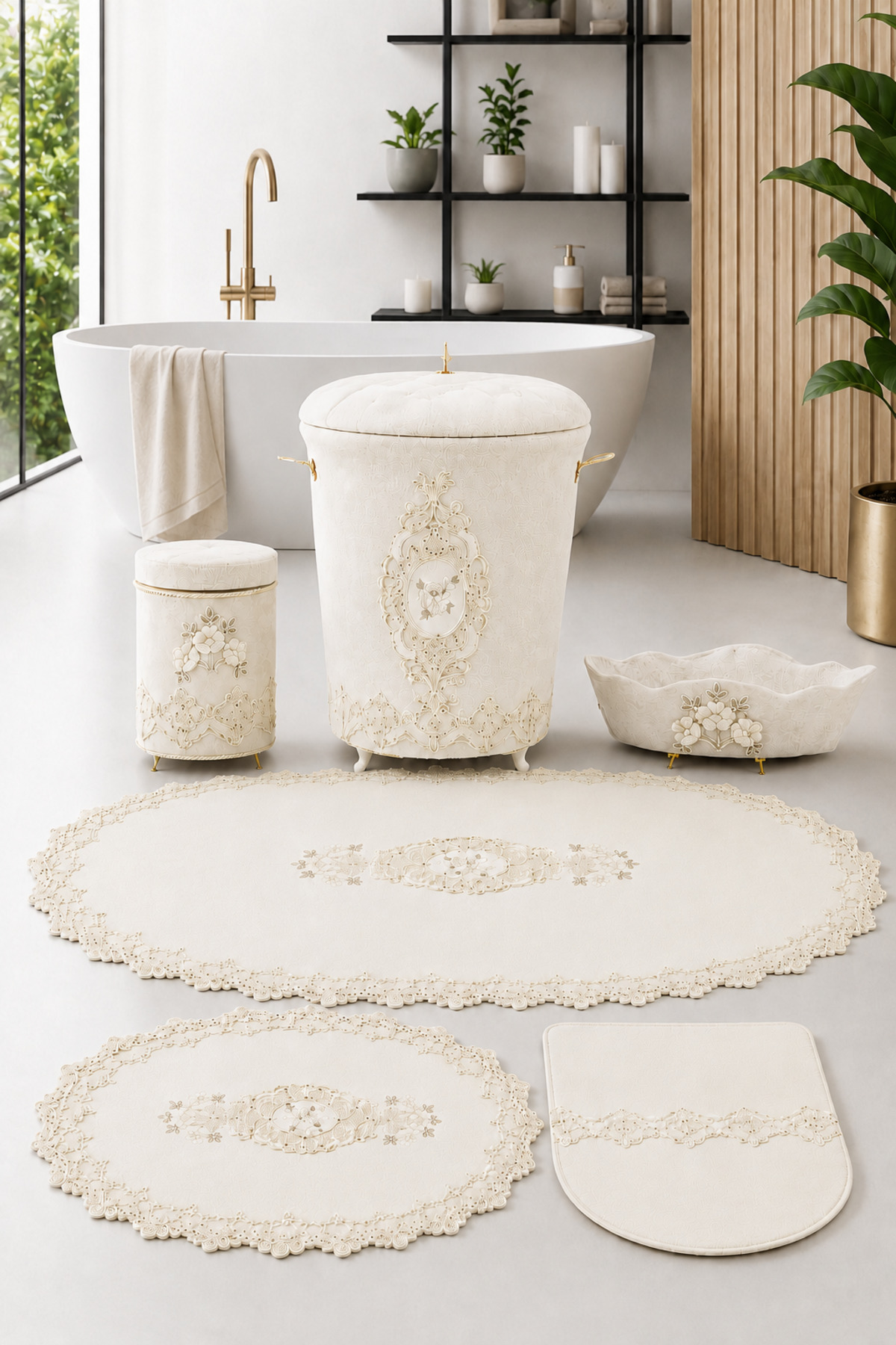 Bonny Home Lisa Krem 6 Parça Dantelli Banyo Kirli Çamaşır Sepeti
