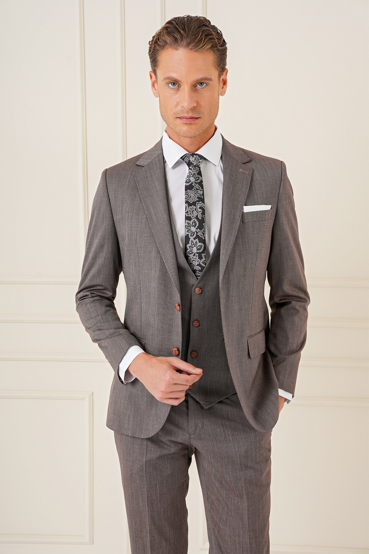 Efor Slim Fit Esnek Yelekli Klasik Vizon Takım Elbise Tk 897 görsel 4