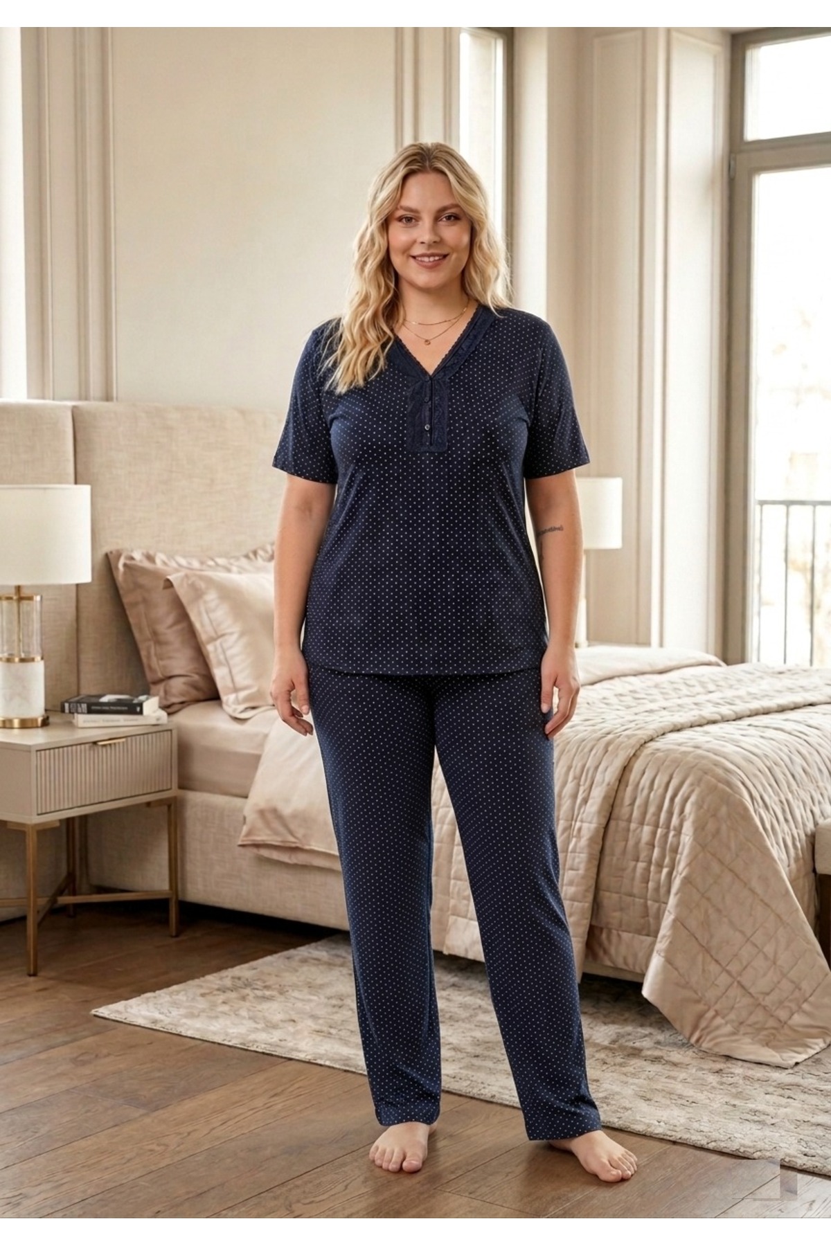 Women's Plus Size Patterned Buttoned Short Sleeve Bamboo Pajamas Set