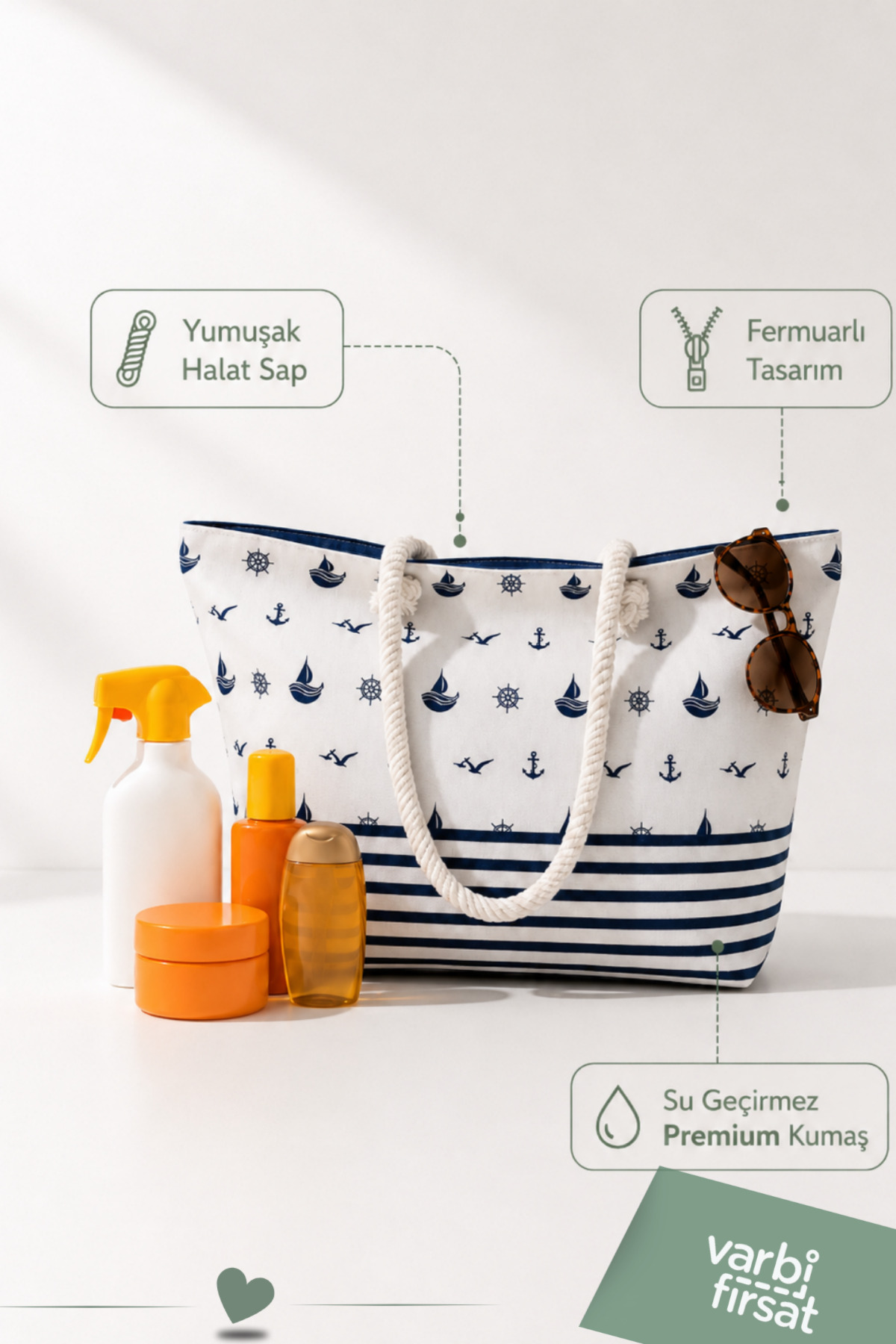 Varbifırsat Tote Plaj Çantası, Fermuarlı Büyük Boy Alışveriş ve Günlük Omuz Çantası 50x30 cm görsel 3
