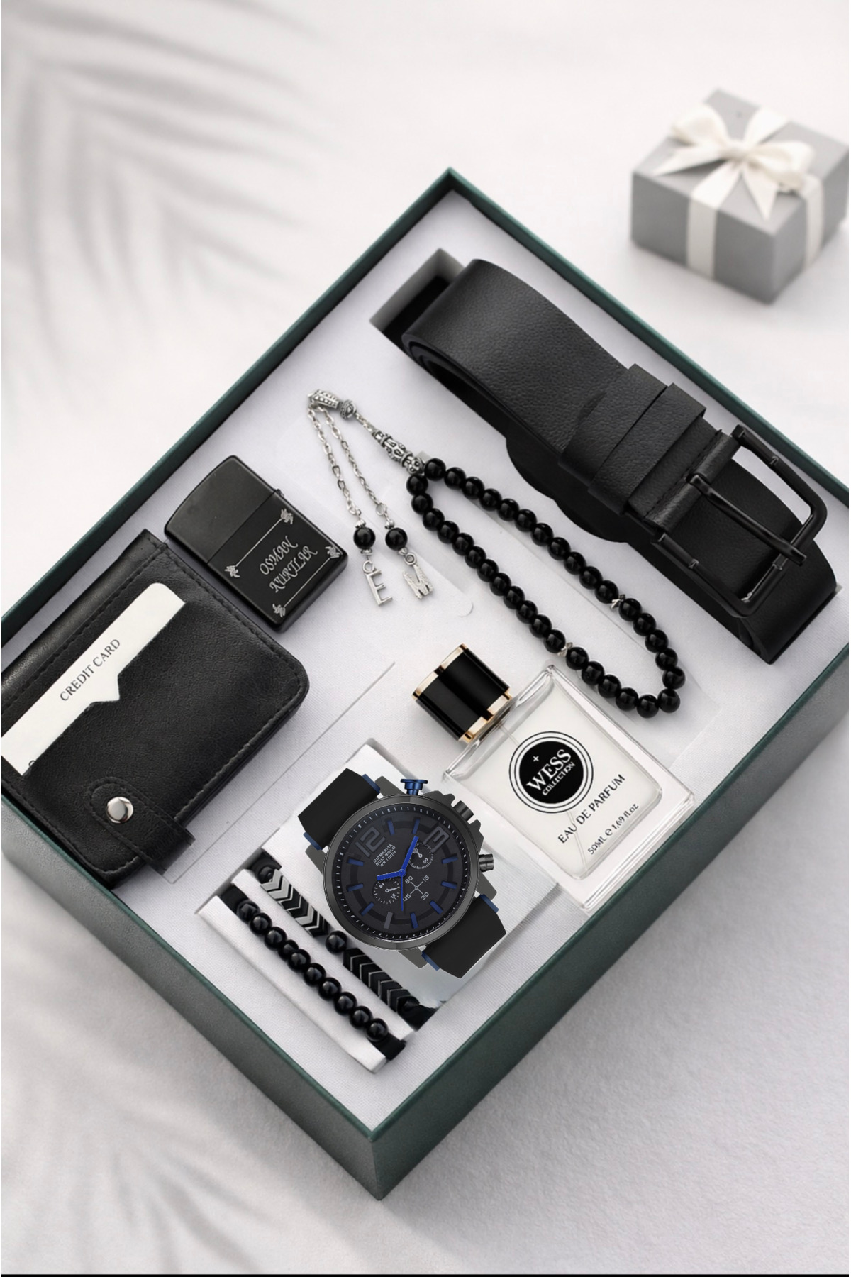 Men's Wrist Watch Perfume Lighter Belt Wallet Rosary and Bracelet Set