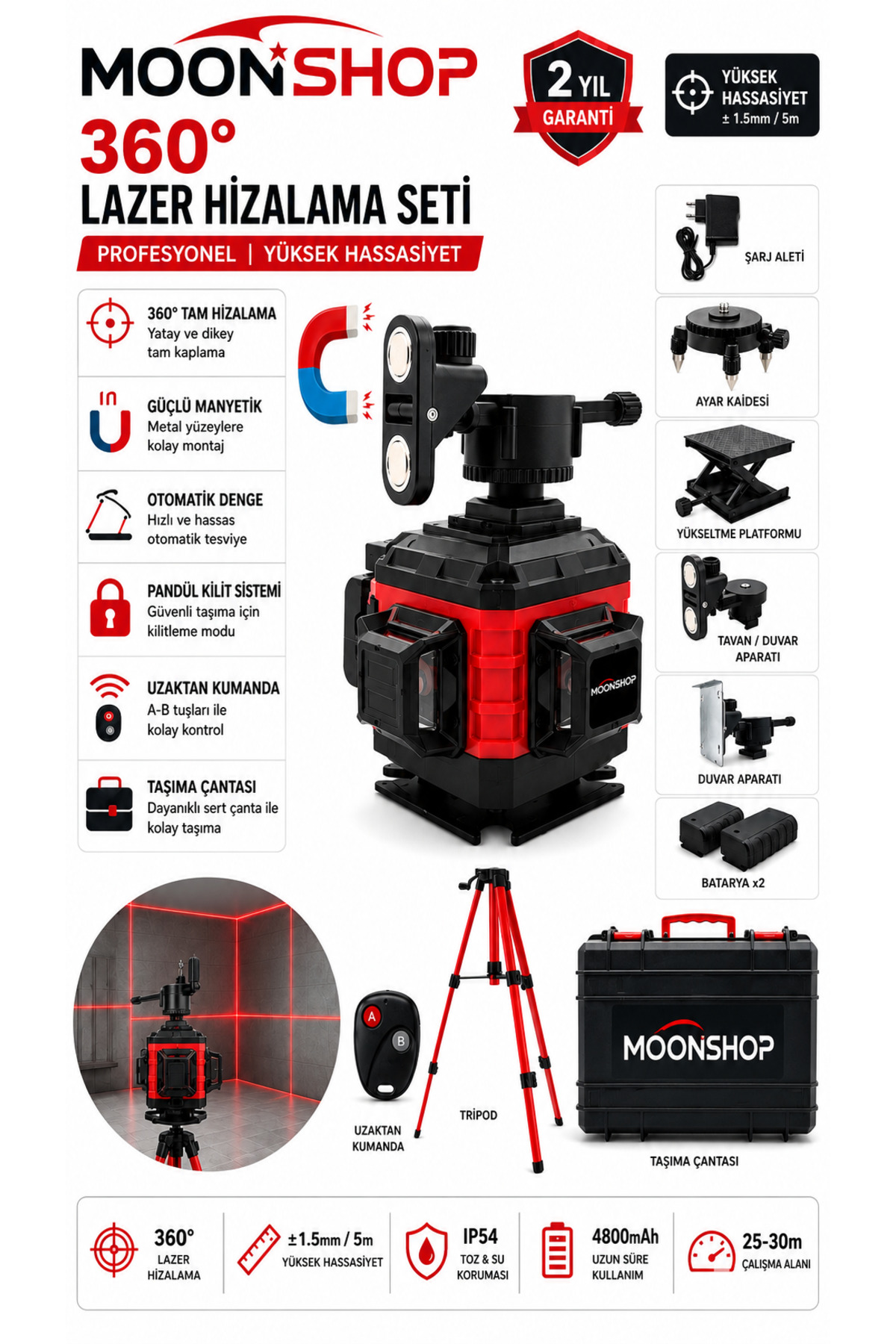 MOONSHOP 360° Yeşil Lazer Hizalama Seti Şarjlı 16 Çizgili Tripodlu