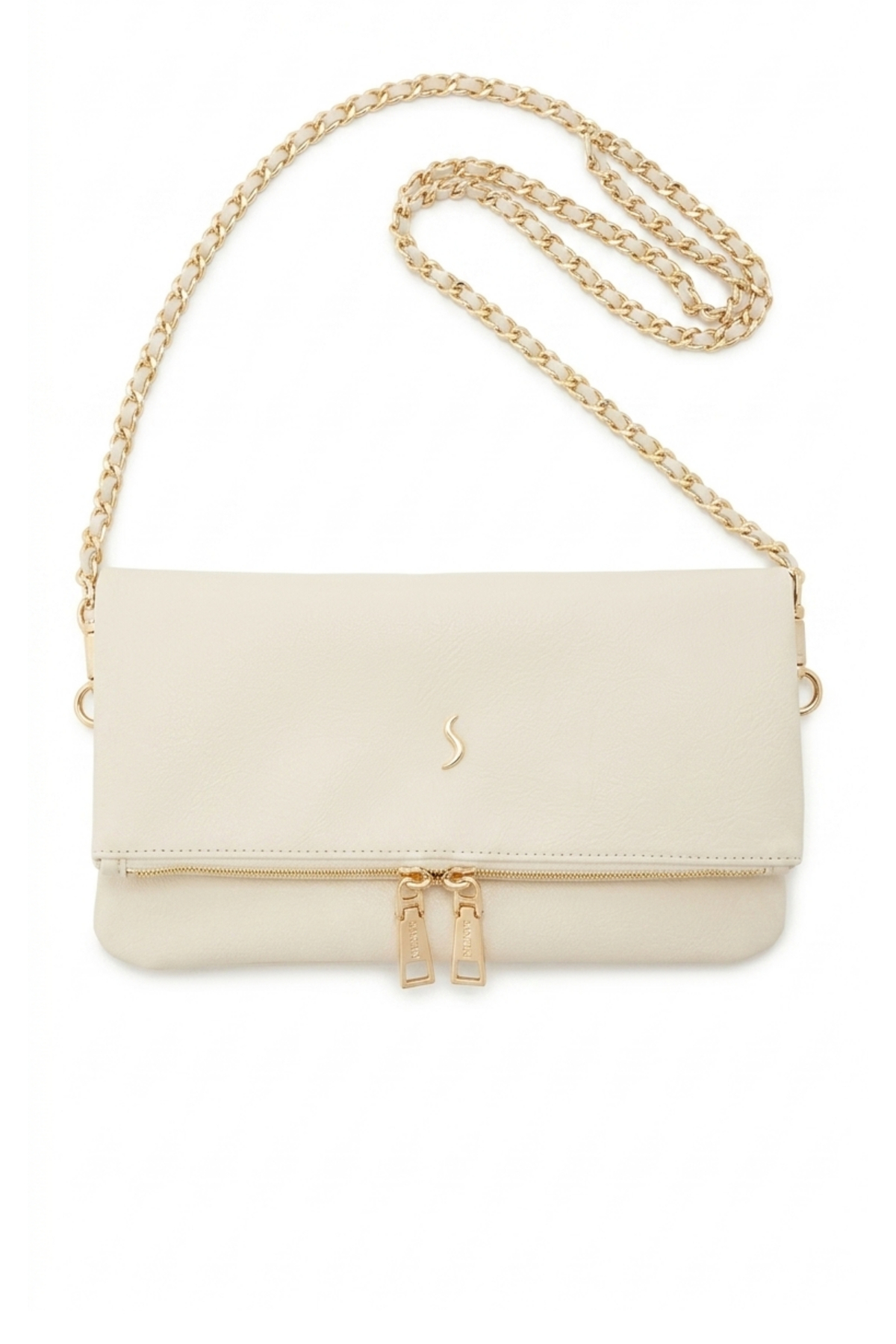Santini Collection Kadın Çanta Çapraz Çanta Askılı Kol Çantası Omuz Çantası Çift Zincir Askılı Clutch El Çantası, Krem Lior Fold