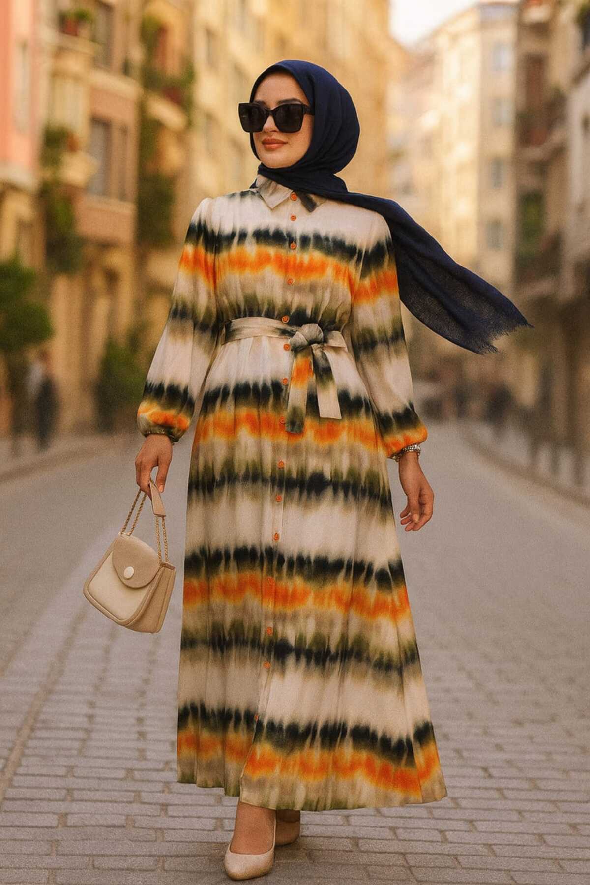 1_org_zoom لباس حجاب Neva Style طرح دار 23551LILA اورجینال - تصویر 1