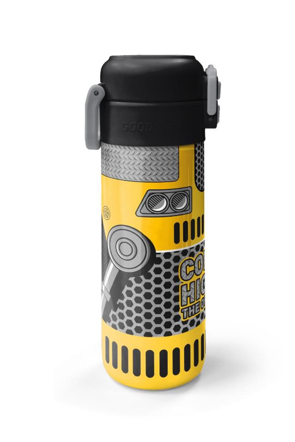 Kids Sarı Siyah Robot Desenli Pipetli ve Direkt İçim Çelik Termos 500 ml 31862