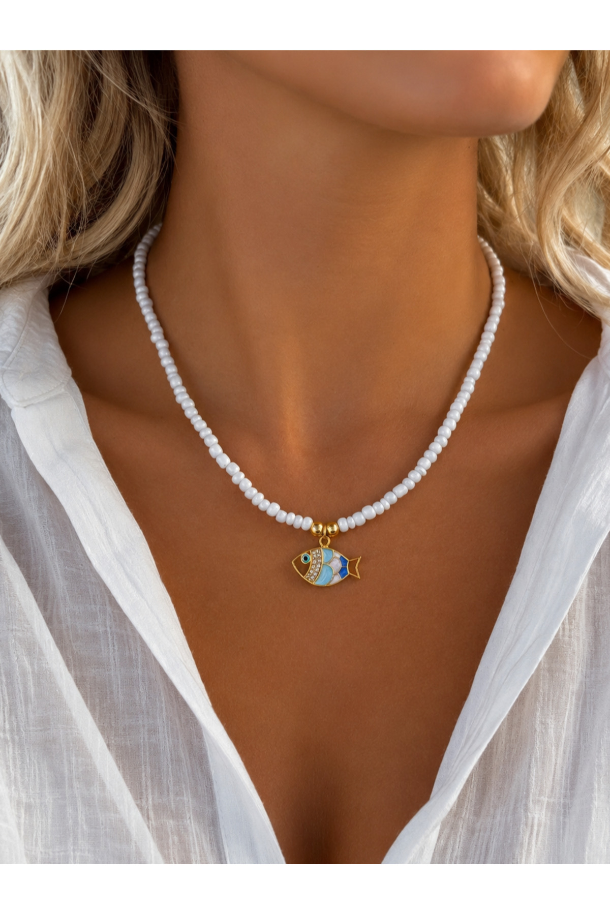 White Glass Beaded Fish Necklace | Fish Necklace | White Beaded Necklace | Blue Fish Necklace