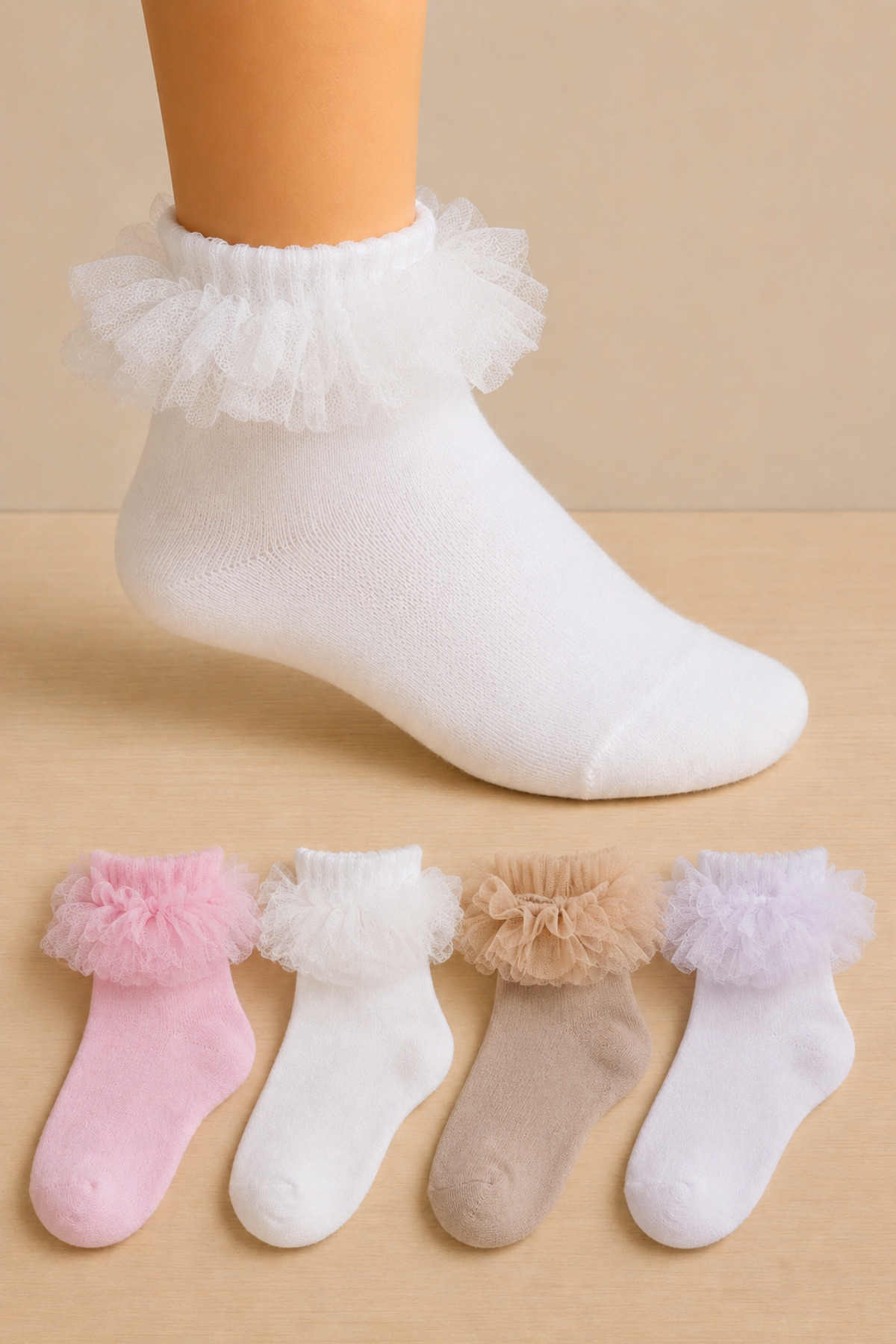 4 Pairs Soft Lace Ruffled Girls Socks