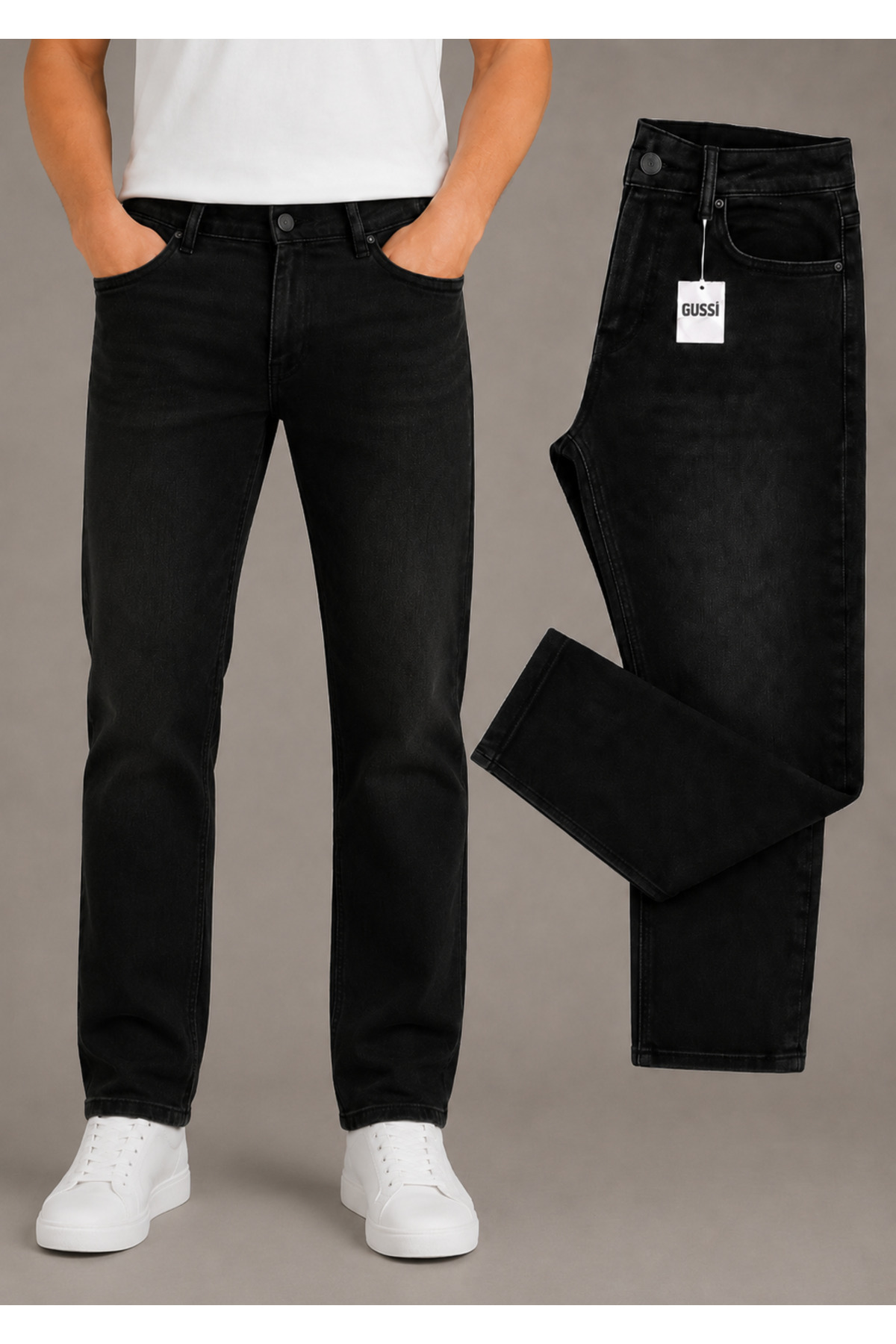 Gussi Erkek Siyah Taşlamalı Regular Boru Paça Esnek Likralı Denim Jeans Kot Pantolon görsel 3
