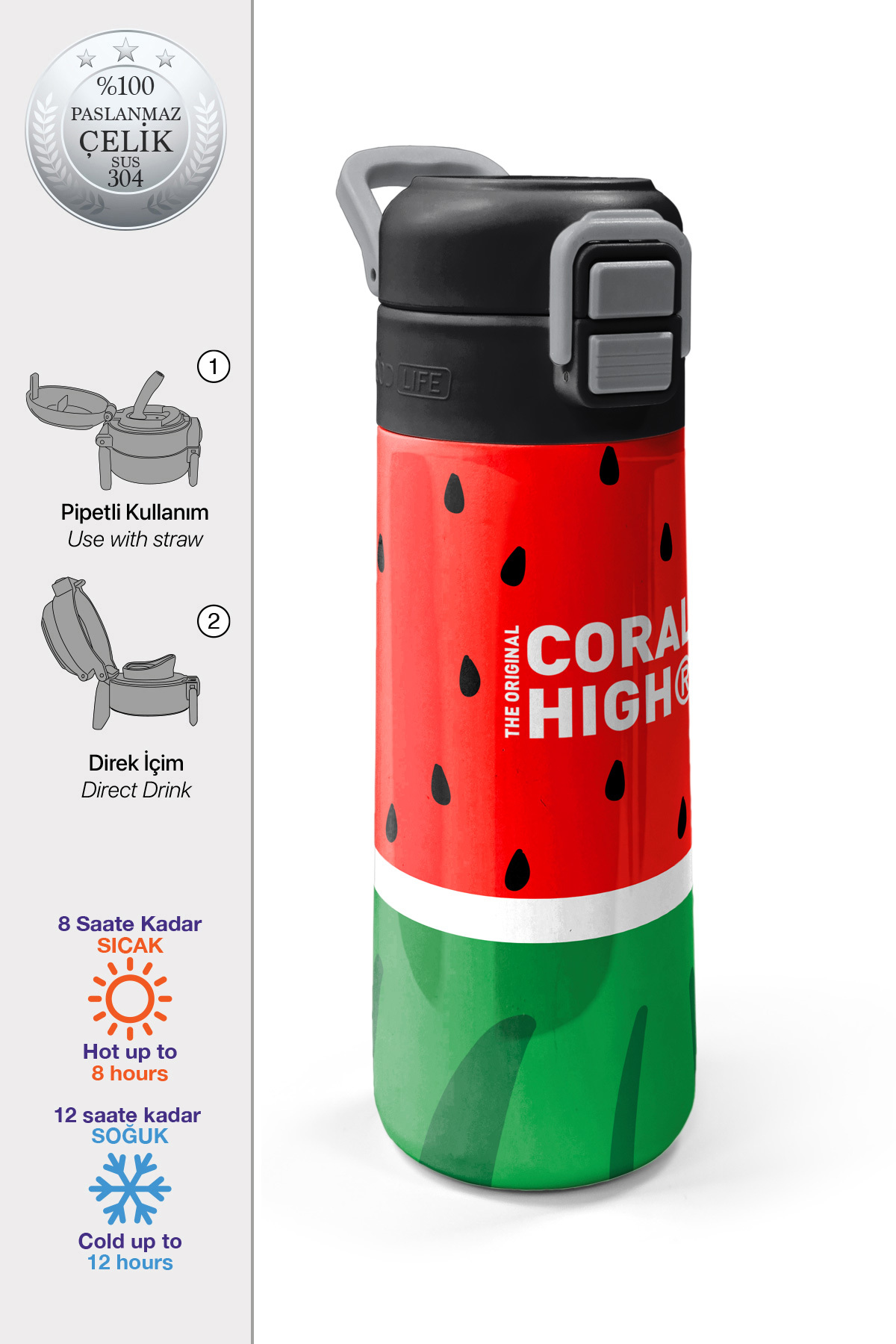 Kids Kırmızı Yeşil Karpuz Desenli Pipetli ve Direkt İçim Çelik Termos 500 ml 31866