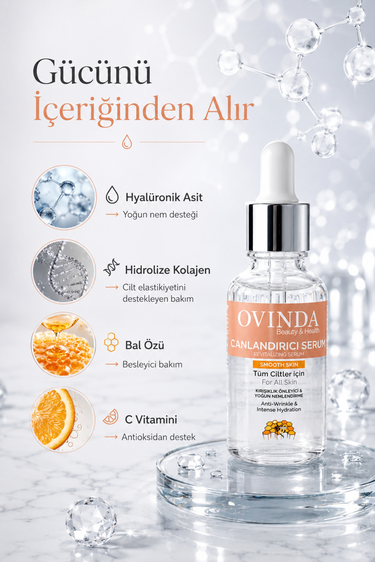 Hyaluronik Asit Serum Yoğun Nemlendirici Kırışıklık Karşıtı Kolajen C Vitaminli Canlandırıcı Yüz Serumu 30 ml — OVD-01.06 — تصویر 6 از 8