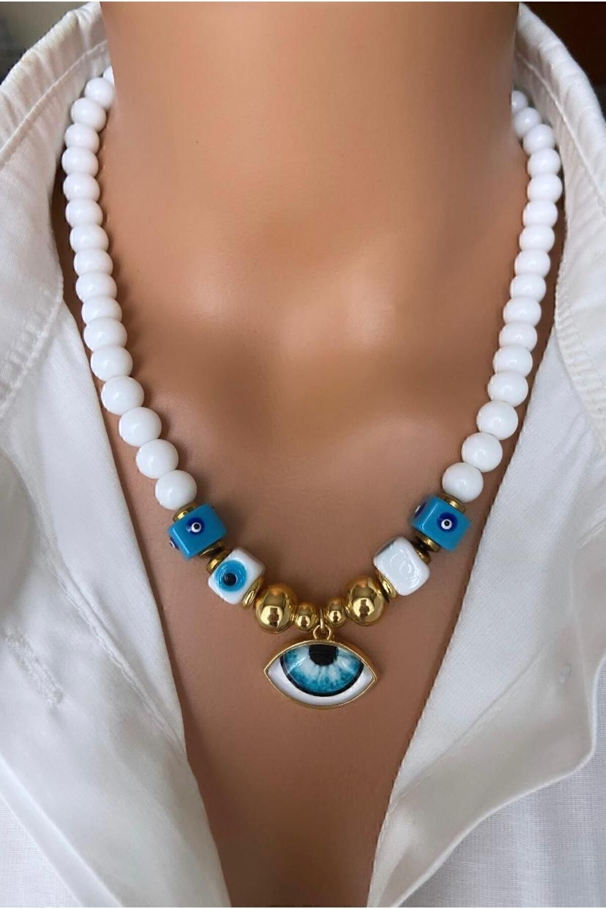Handmade Basement Evil Eye Beads White Glass Beads Blue Evil Eye Basement Beads Eye Women Necklace Steel Link in Gift Box