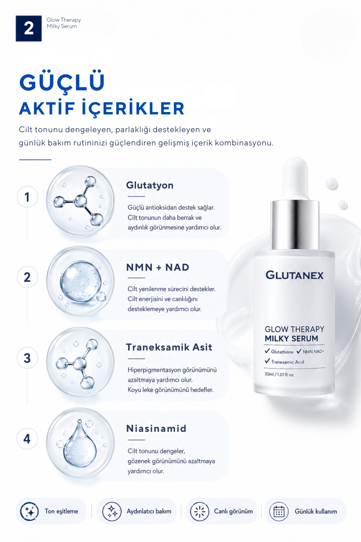 Leke Karşıtı Aydınlatıcı Serum | Traneksamik Asit, NMN, NAD+ & Glutatyonlu | Glow Therapy Milky Serum | 30 ml — Glutanex052 — تصویر 3 از 6