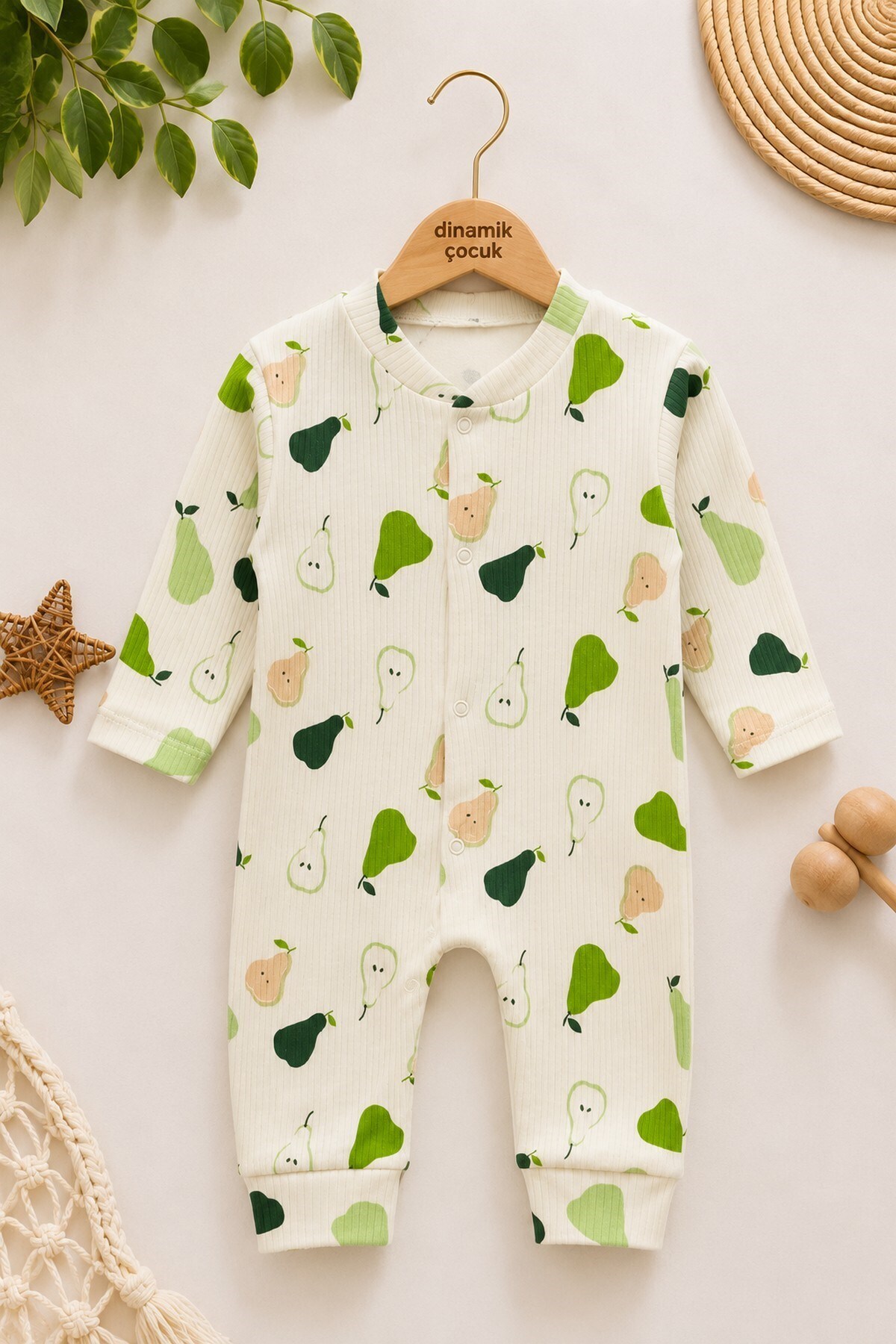 Baby Boy Pear Printed Ribbed Fabric Snap Fastener Newborn Baby Jumpsuit 100% Cotton Flexible 1-3-6months