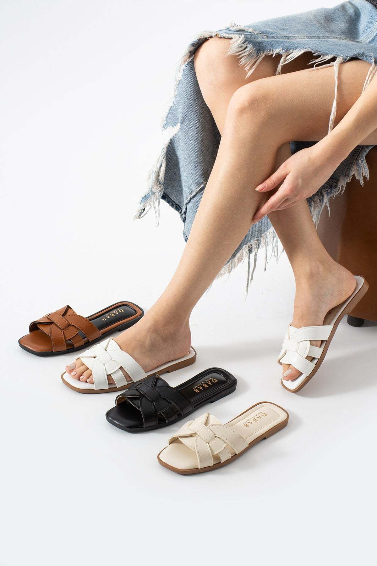 dabab shoes LINDA Kadın Krem Kare Burun Örgü Bantlı Düz Taban Günlük Terlik görsel 5