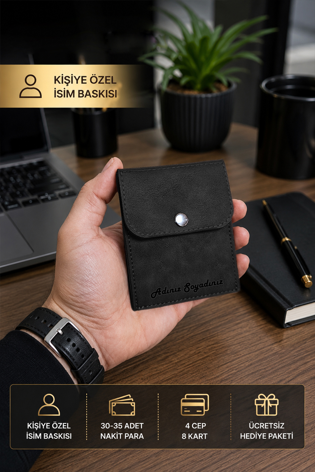 Morika Hotel & Home Textile Kişiselleştirilebilir Özel Tasarım Süet Suni Deri Erkek/Kadın Unisex Cüzdan - Siyah