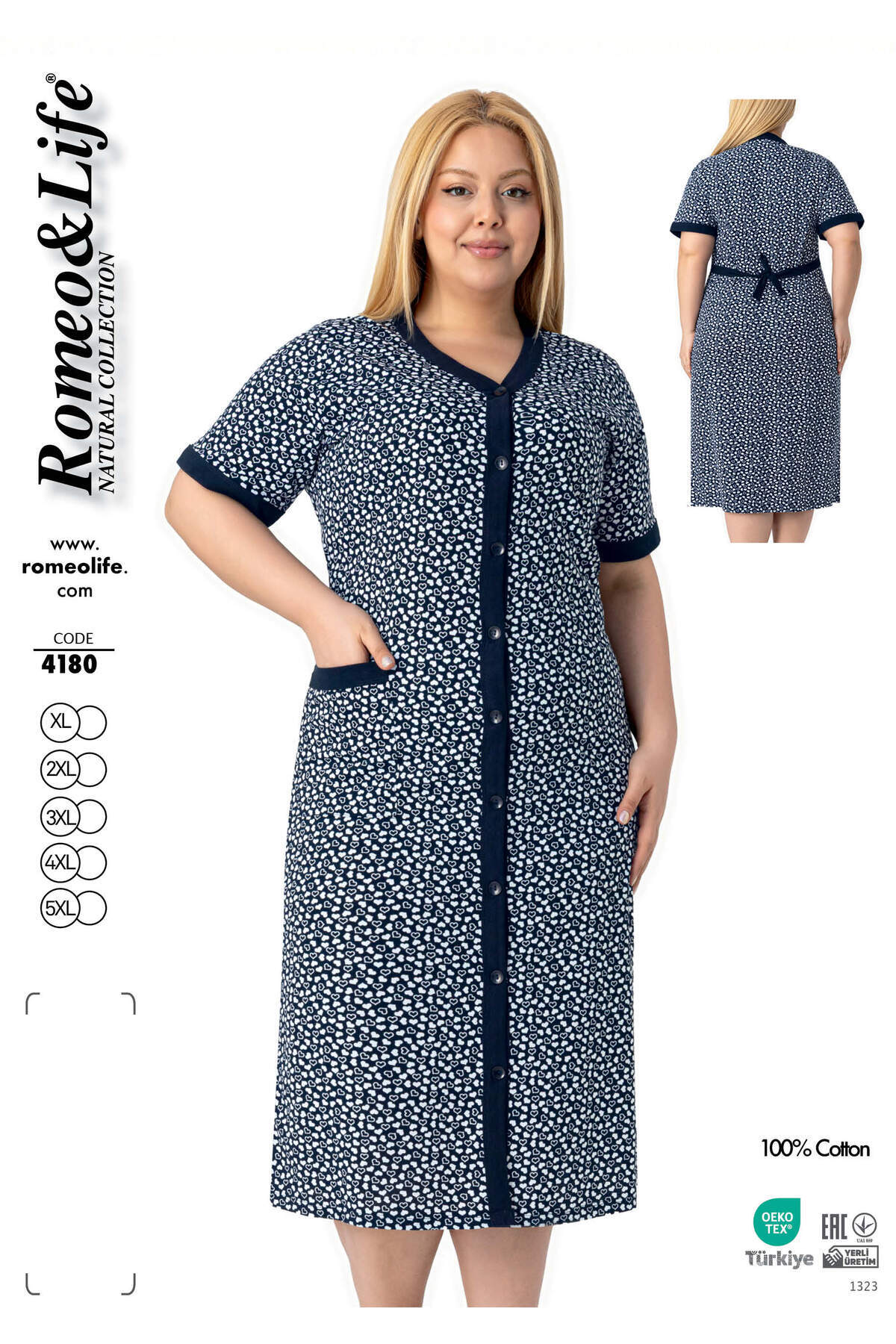 Women's Plus Size 100% Cotton Combed Fabric Buttoned Summer Dress / White-Navy 4180