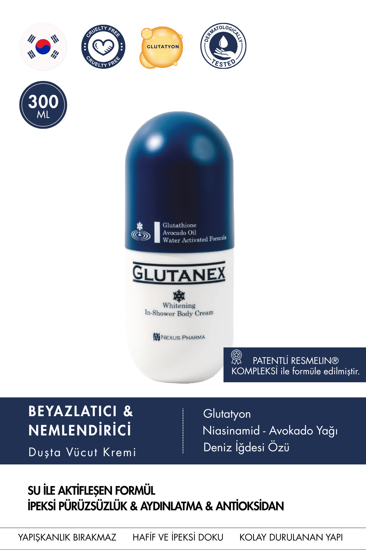 GLUTANEX Duşta Vücut Kremi | Cilt Tonu Eşitleyici Bakım | Glutatyon, Avokado Yağı & Niasinamid İçerikli | In Shower Body Cream | 300 ml — Glutanex014