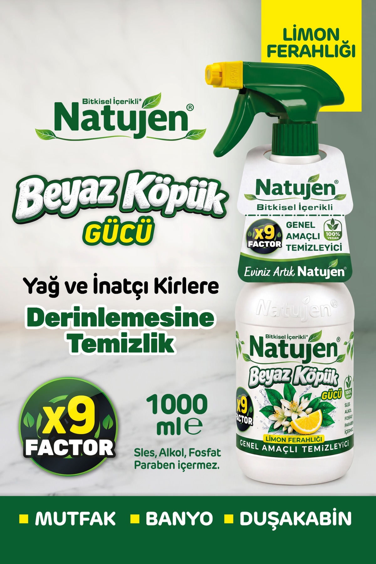 Natujen Genel Amaçlı Temizleyici Beyaz Köpük Gücü Limon Ferahlığı