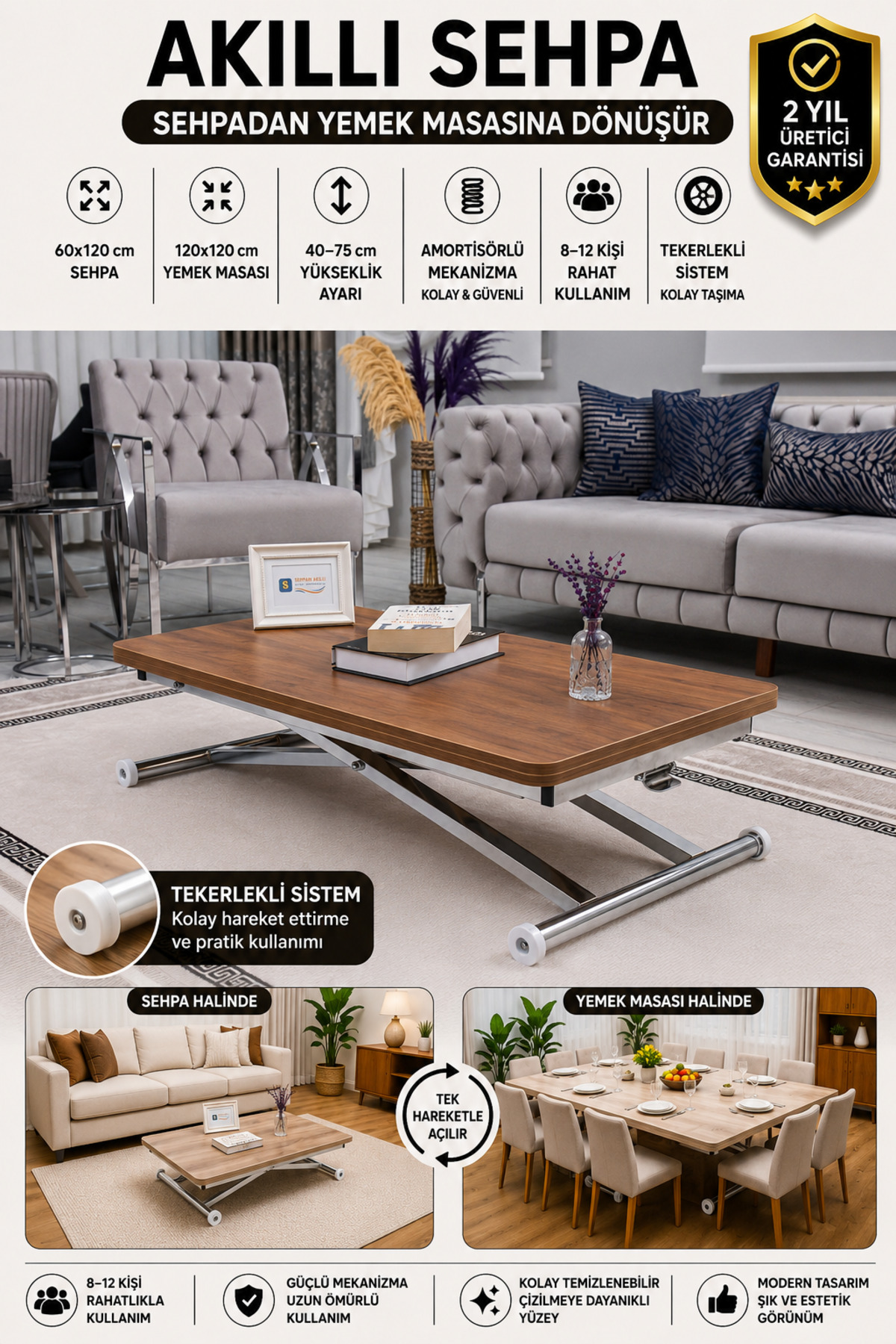 Akıllı Sehpa Home Üst Tabla Mdf Ceviz Oval Köşe Alt Mekanizma Krom Kaplama