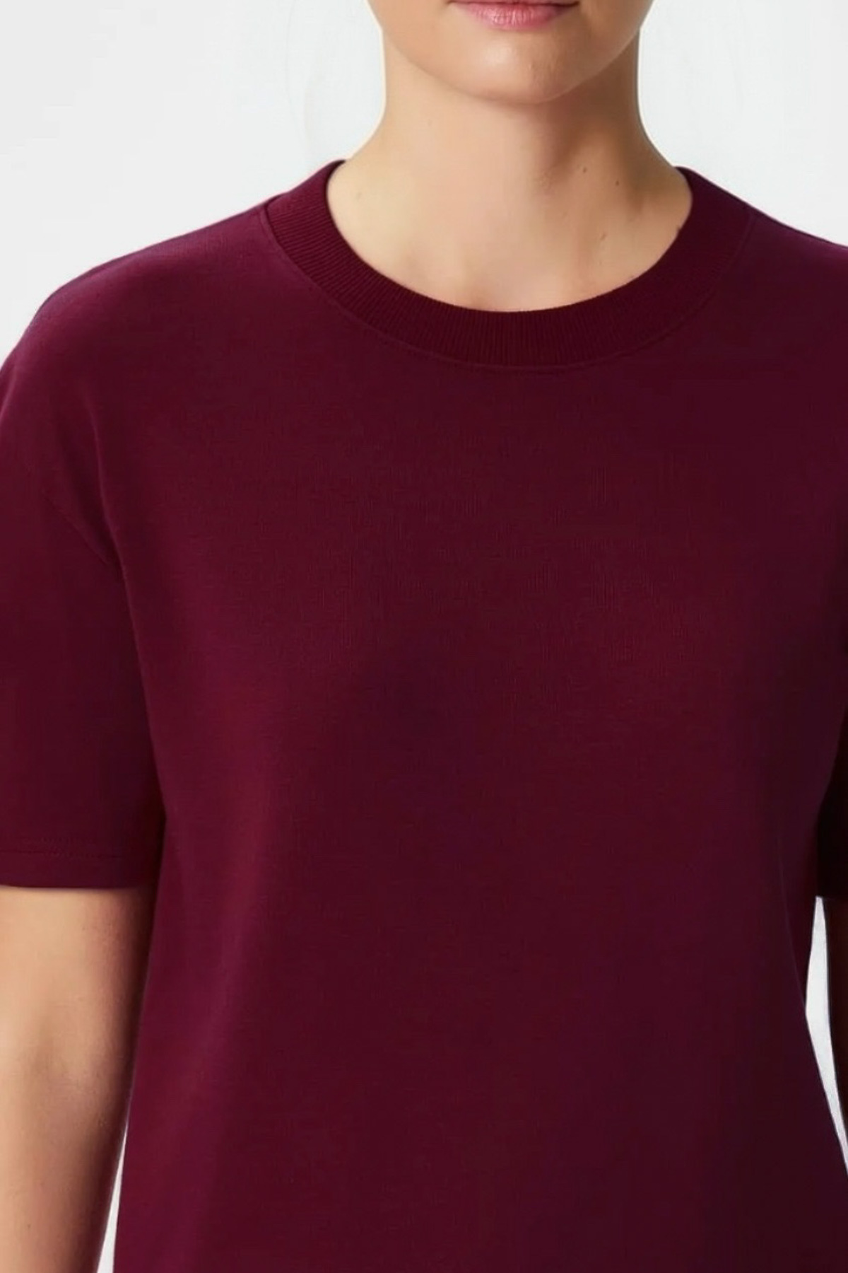Ritnice Kadın Rise Dekoratif Yaka Tok Doku %100 Pamuk Bordo T-Shirt görsel 3