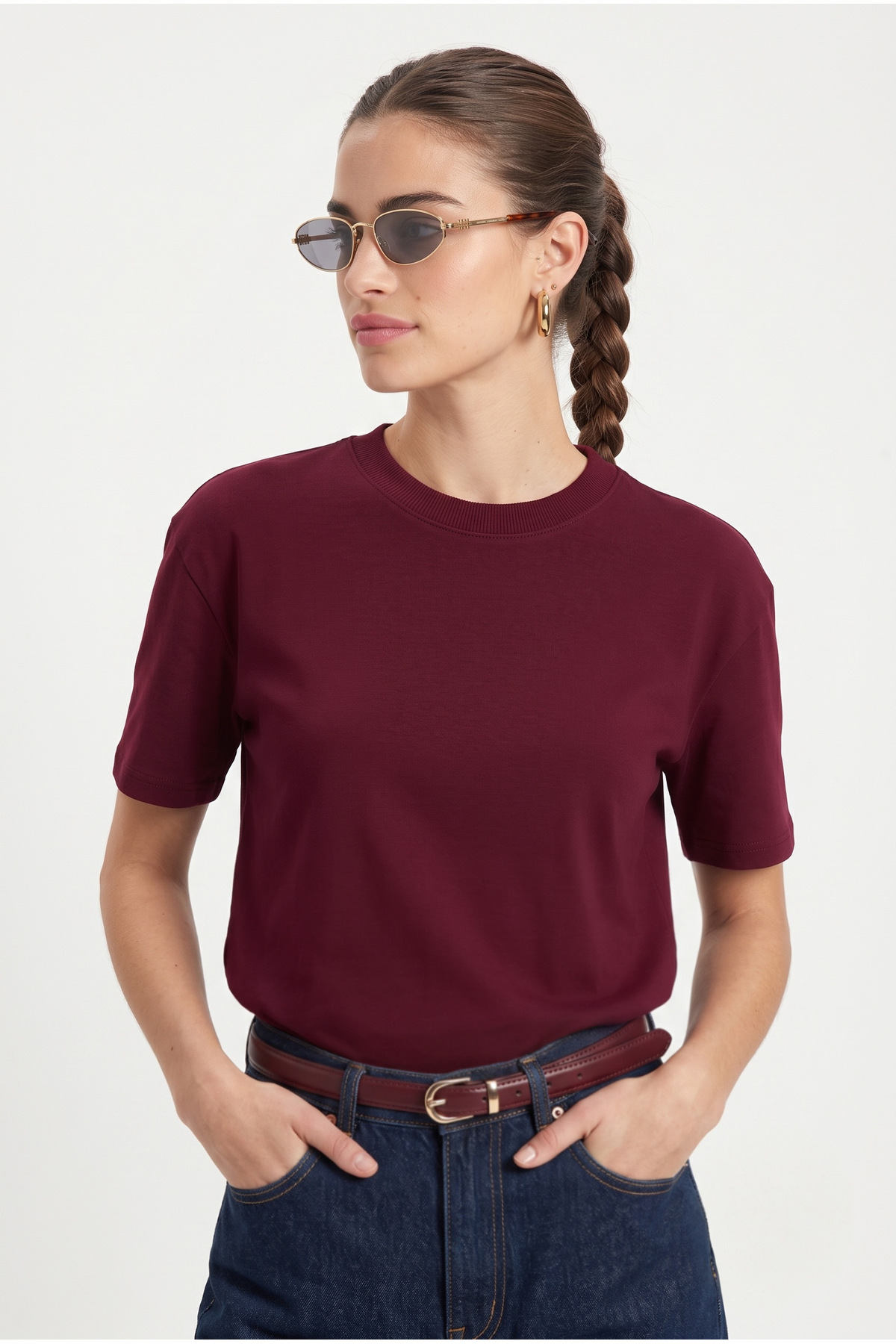 Ritnice Kadın Rise Dekoratif Yaka Tok Doku %100 Pamuk Bordo T-Shirt görsel 2