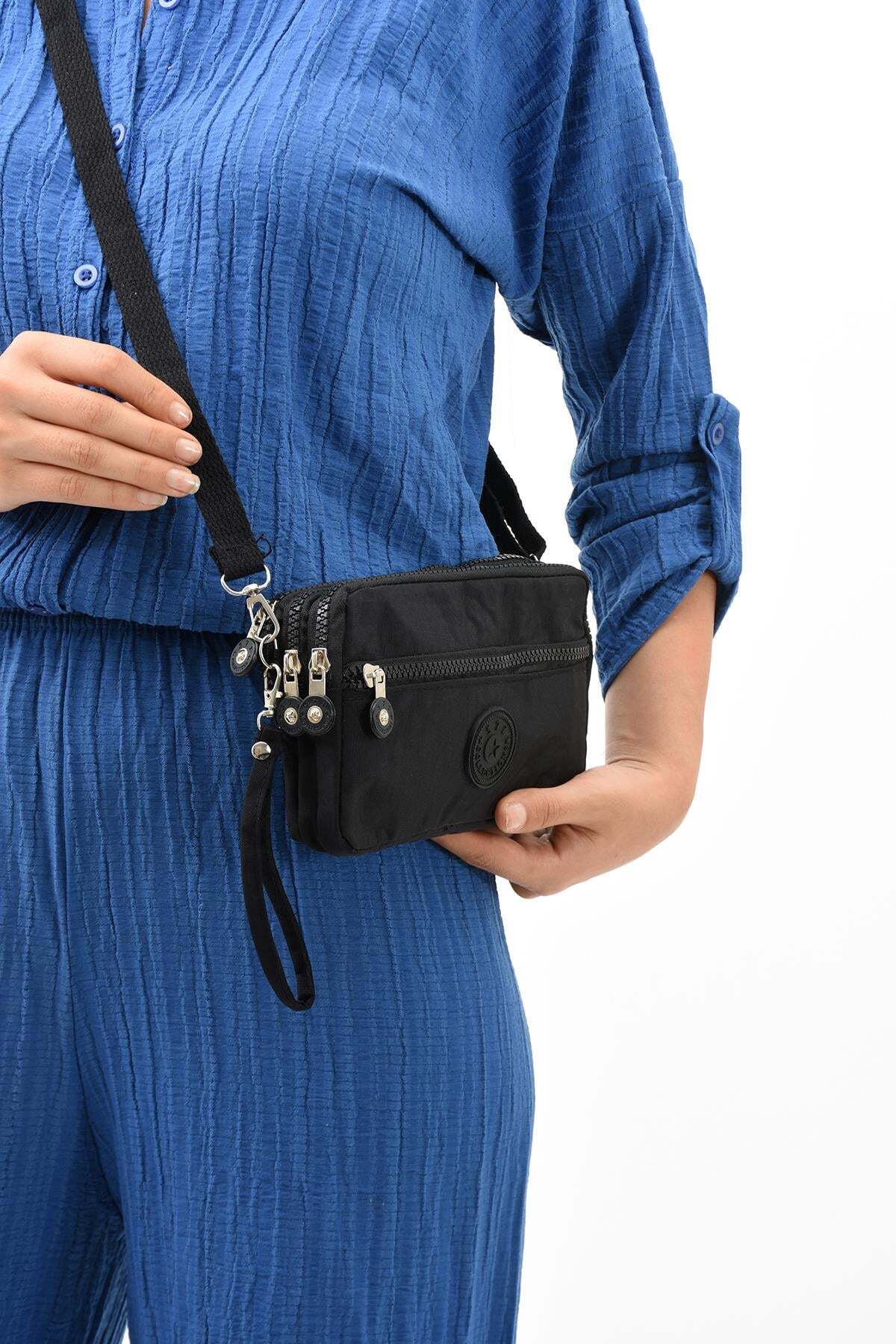 NEMO BAGS Siyah Unisex Cüzdan, 4 Gözlü, Telefonluk, Orjinal Crinkle Kumaş, Çapraz Askılı Omuz Çantası, 20x12cm görsel 3