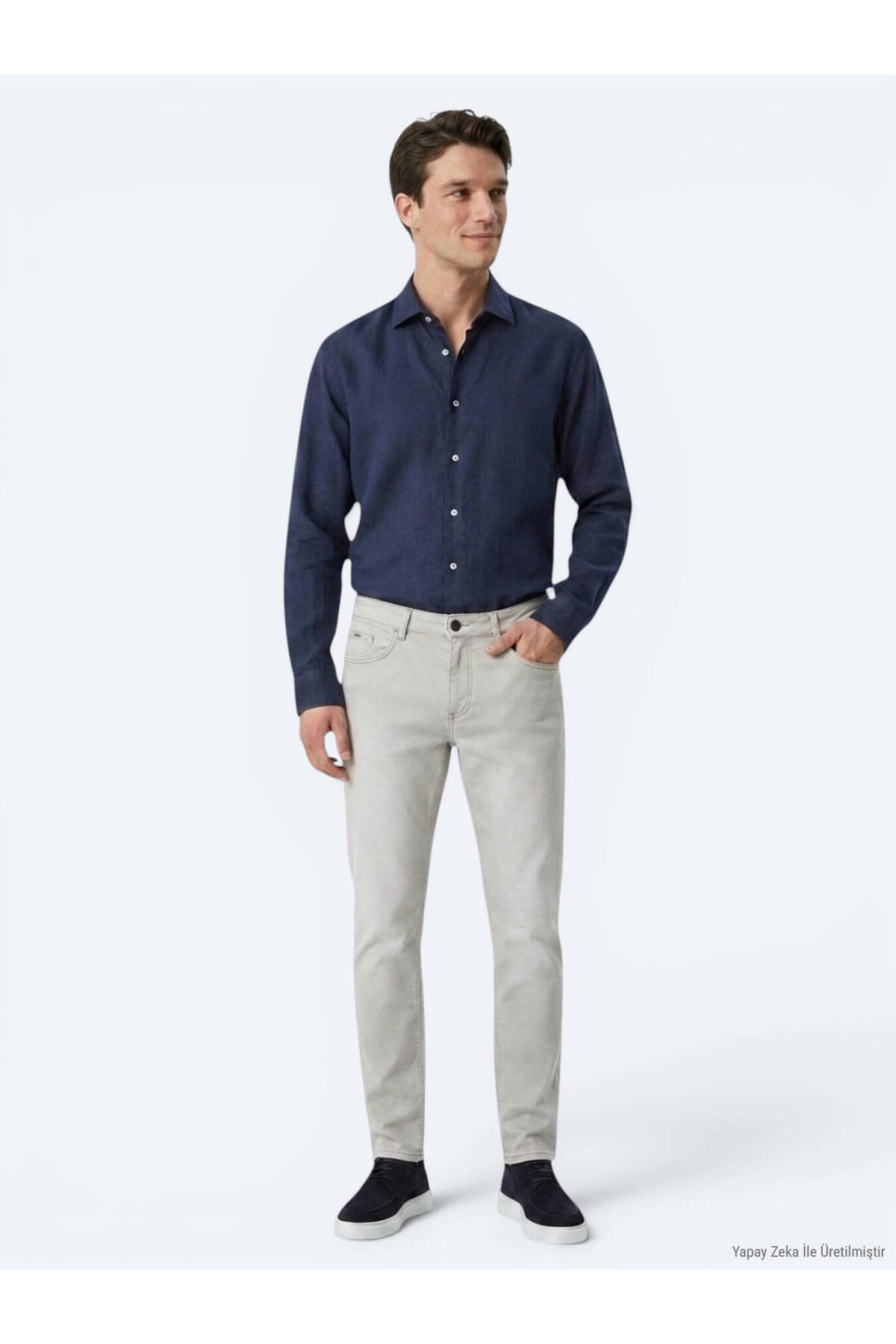 İndigo Regular Fit Uzun Dokuma Casual Pamuk Karışımlı Gömlek — آبی 53821 — تصویر 3 از 8