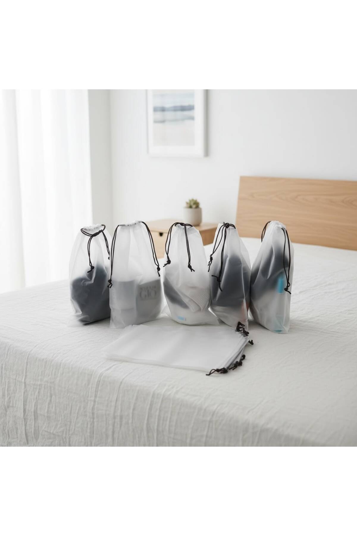 10lu Set 20*30cm (small) Su Geçirmez Büzme Ipli Kozmetik Makyaj Tatil Çantası — سفید ŞMÇ10 — تصویر 4 از 5