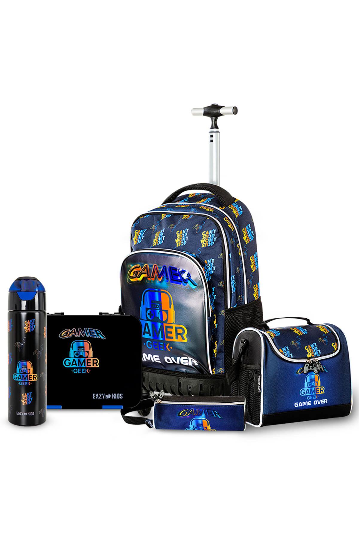 Eazy Kids Gamer Edition Trolley School Combo Set – Backpack, Bento Lunch Box & Spray Water Bottle - Black