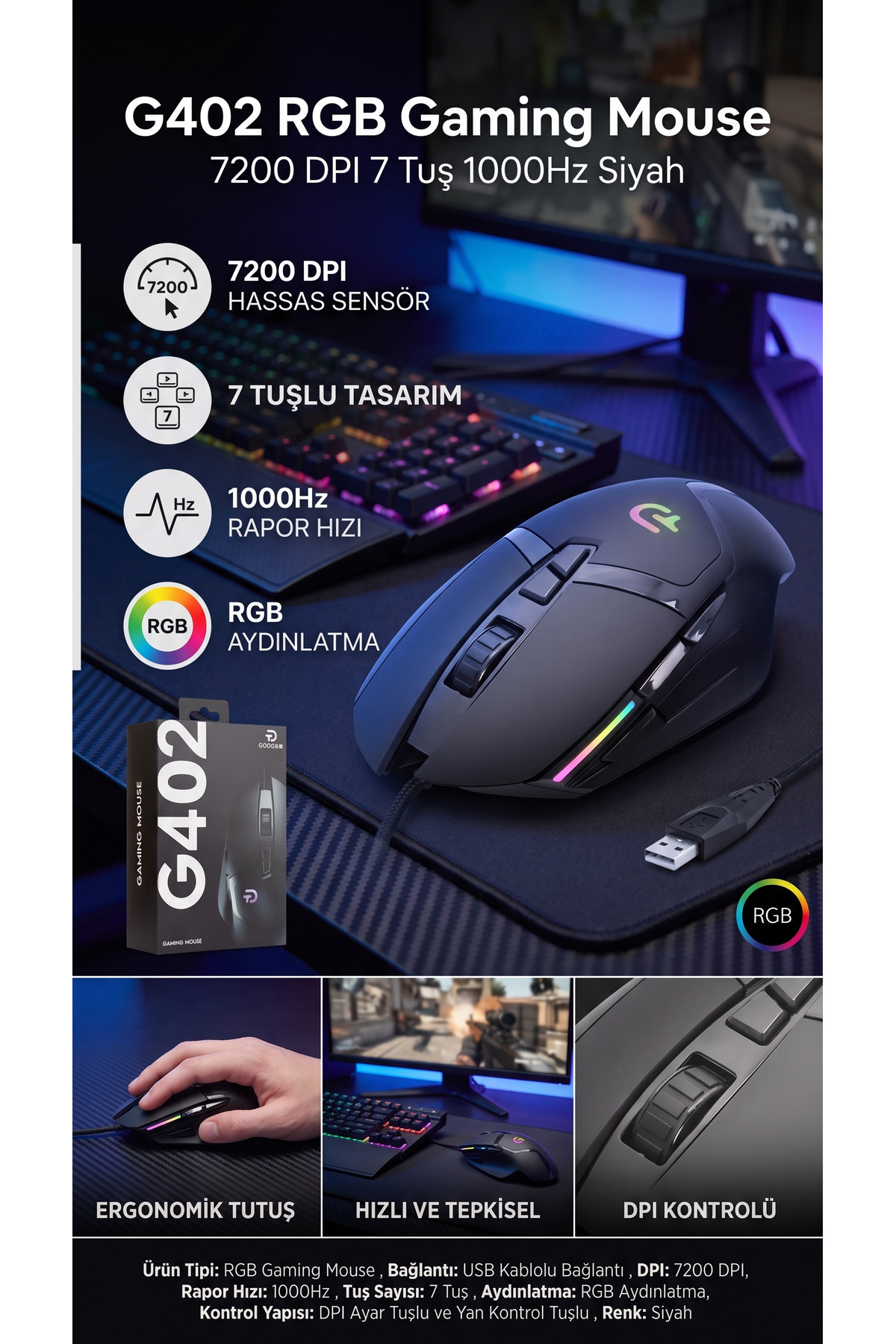 G402 7200 DPI RGB Işıklı 7 Tuşlu Profesyonel Kablolu Gaming Oyuncu Mouse