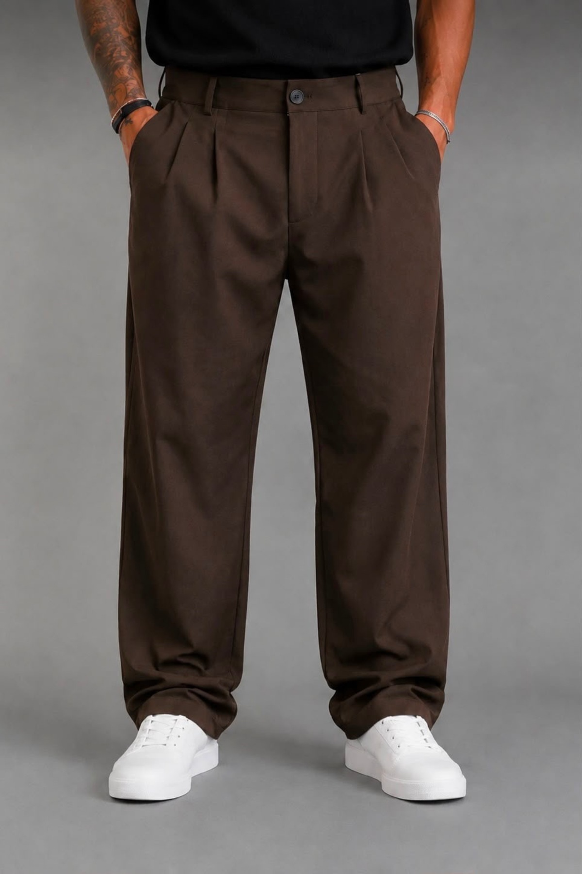 BM BALANCEMODA Erkek Baggy kalıp, esnek-dökümlü, pile detaylı, geniş kumaş pantolon