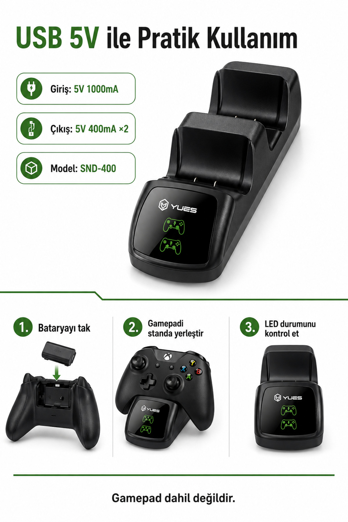 YUES Xbox One / One S Gamepad Şarj Standı + Şarjlı Batarya – LED