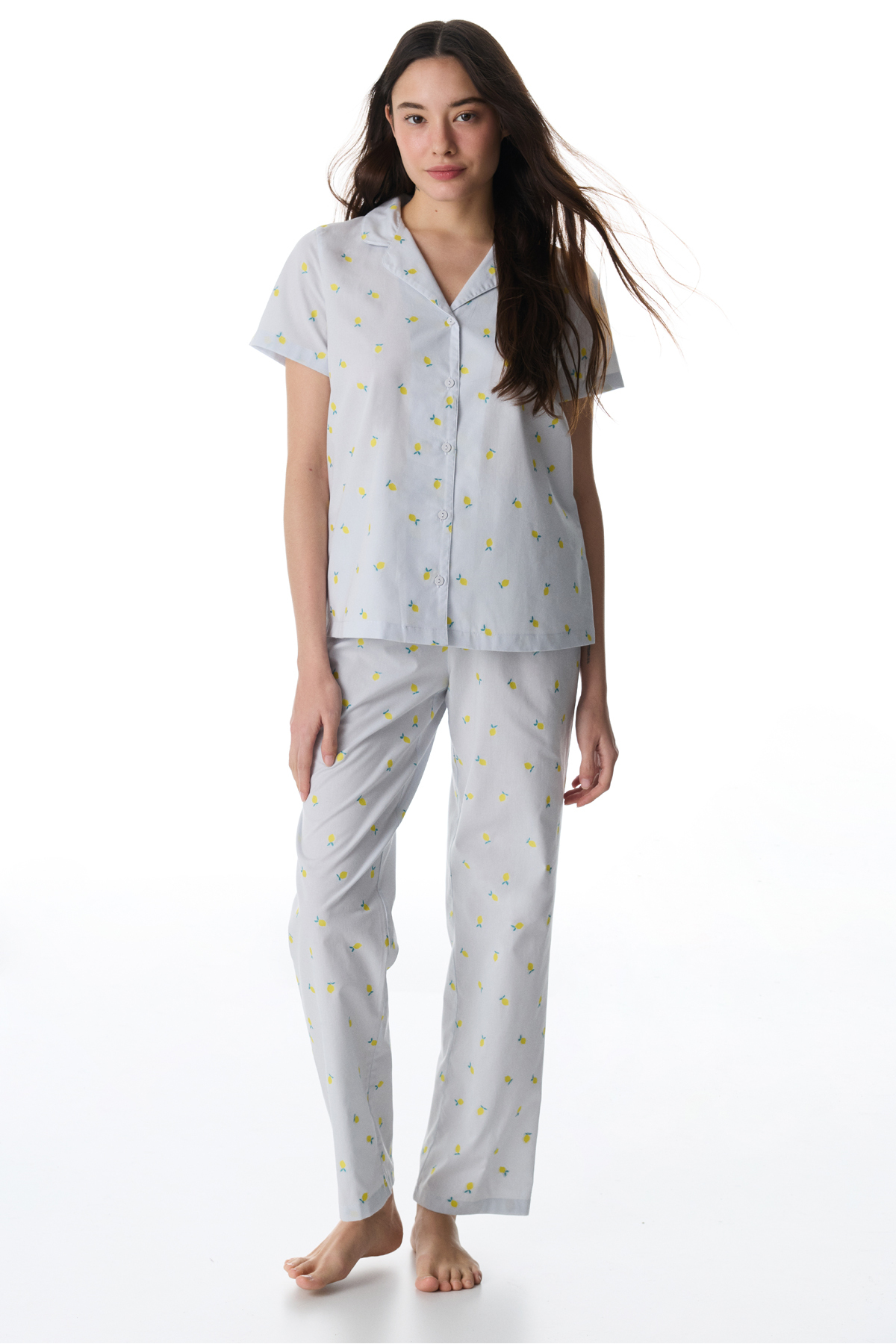Penti Light Blue Lemons Cotton Piece Shirt Pants Pajama Set