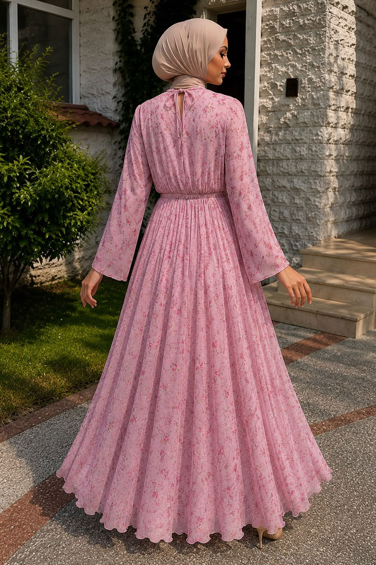 Tesettür Dünyası Çiçek Desenli Tokalı Şifon Elbise TSD260256 Pembe görsel 6