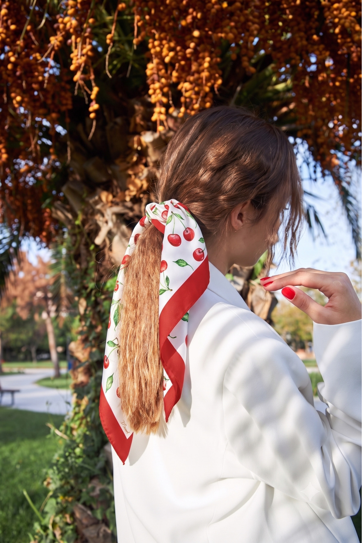 D scarf Kadın Kiraz Desenli Fular Bandana görsel 6