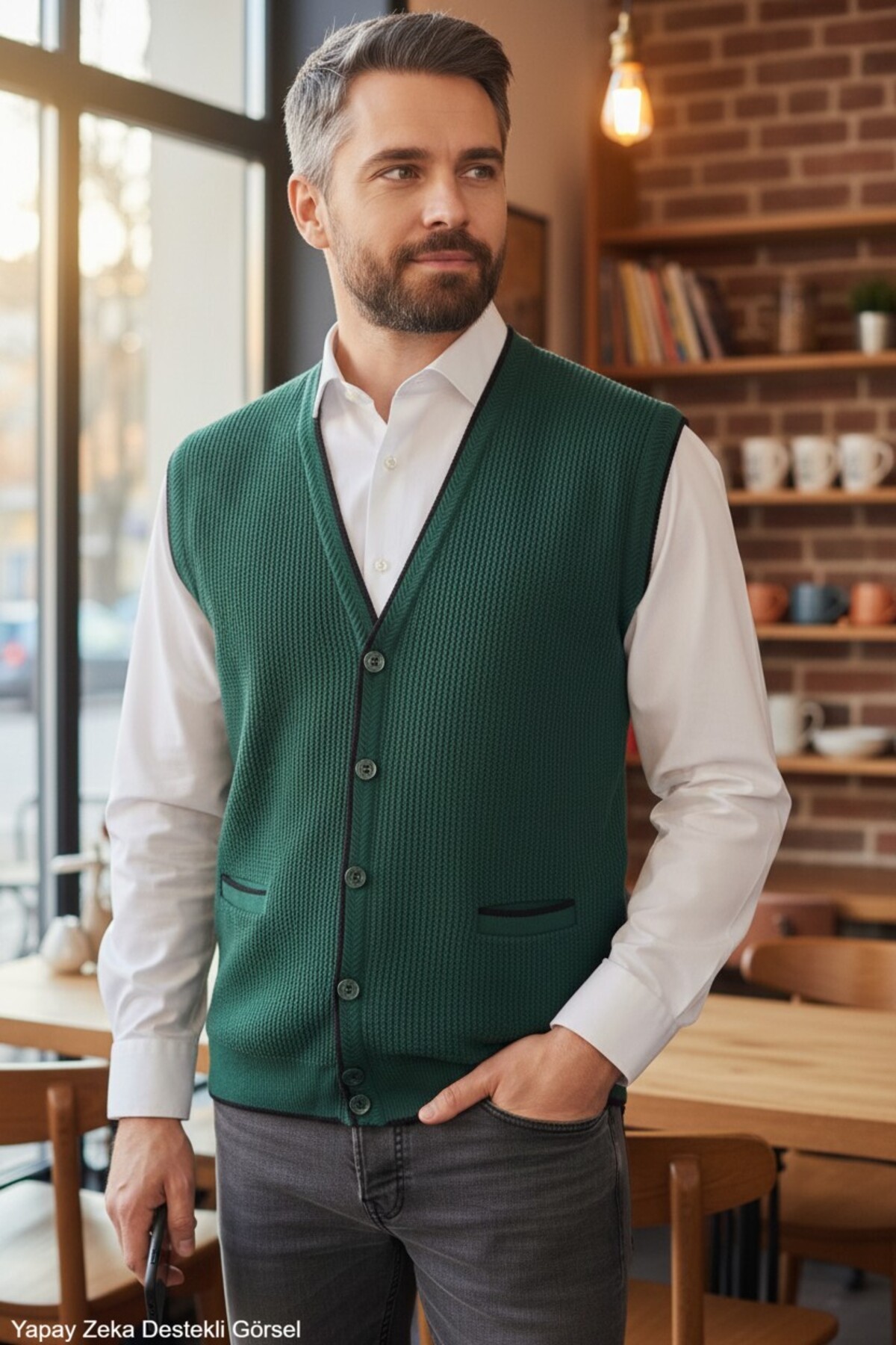 Kamalı Erkek Nefti V Yaka Triko Düğmeli Cepli Çizgi Desenli Regular Fit Tüylenmeyen Örgü Yelek