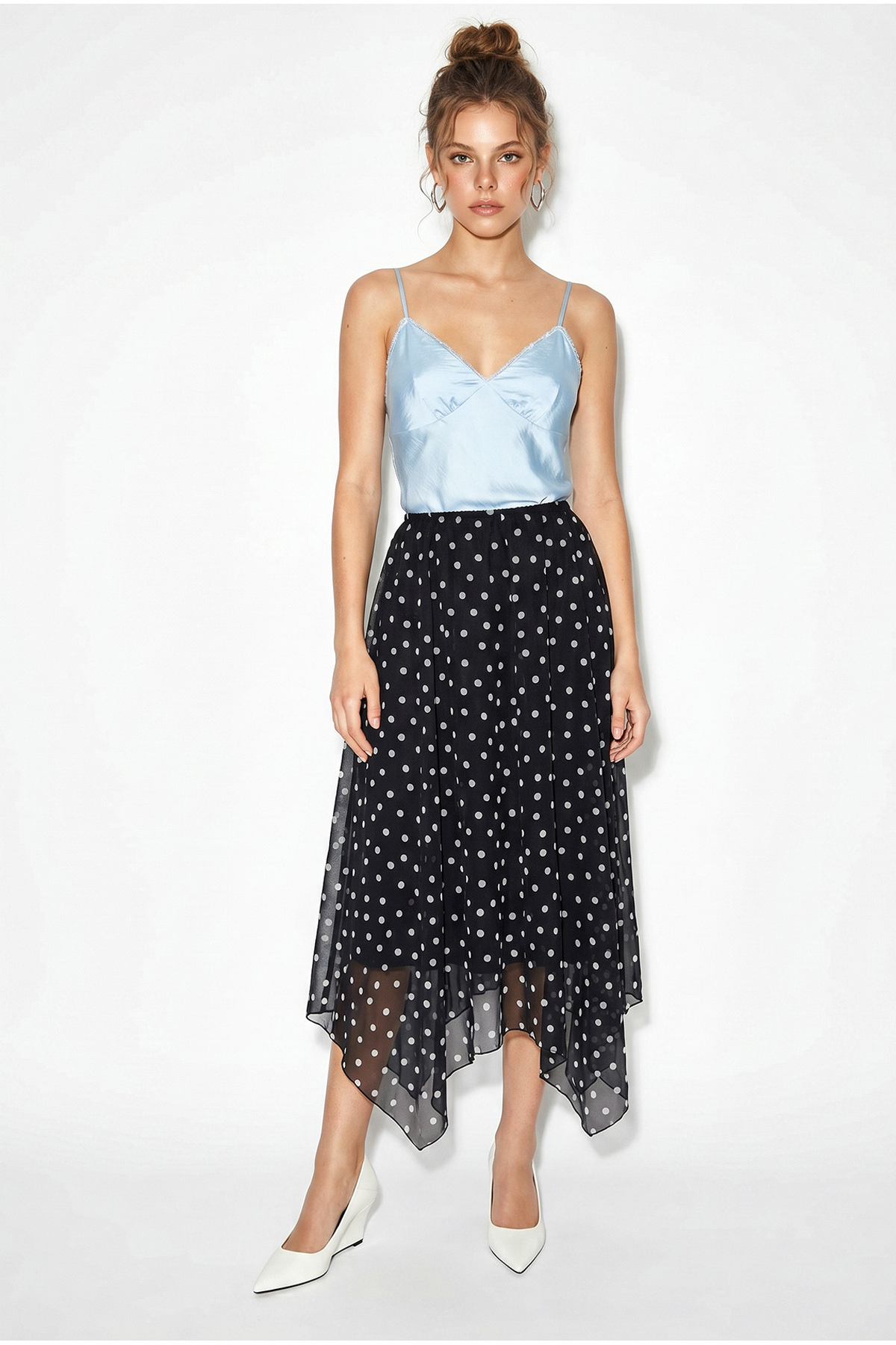 Women's Elastic Waist Asymmetrical Cut Lined Polka Dot Midi Skirt 60286217