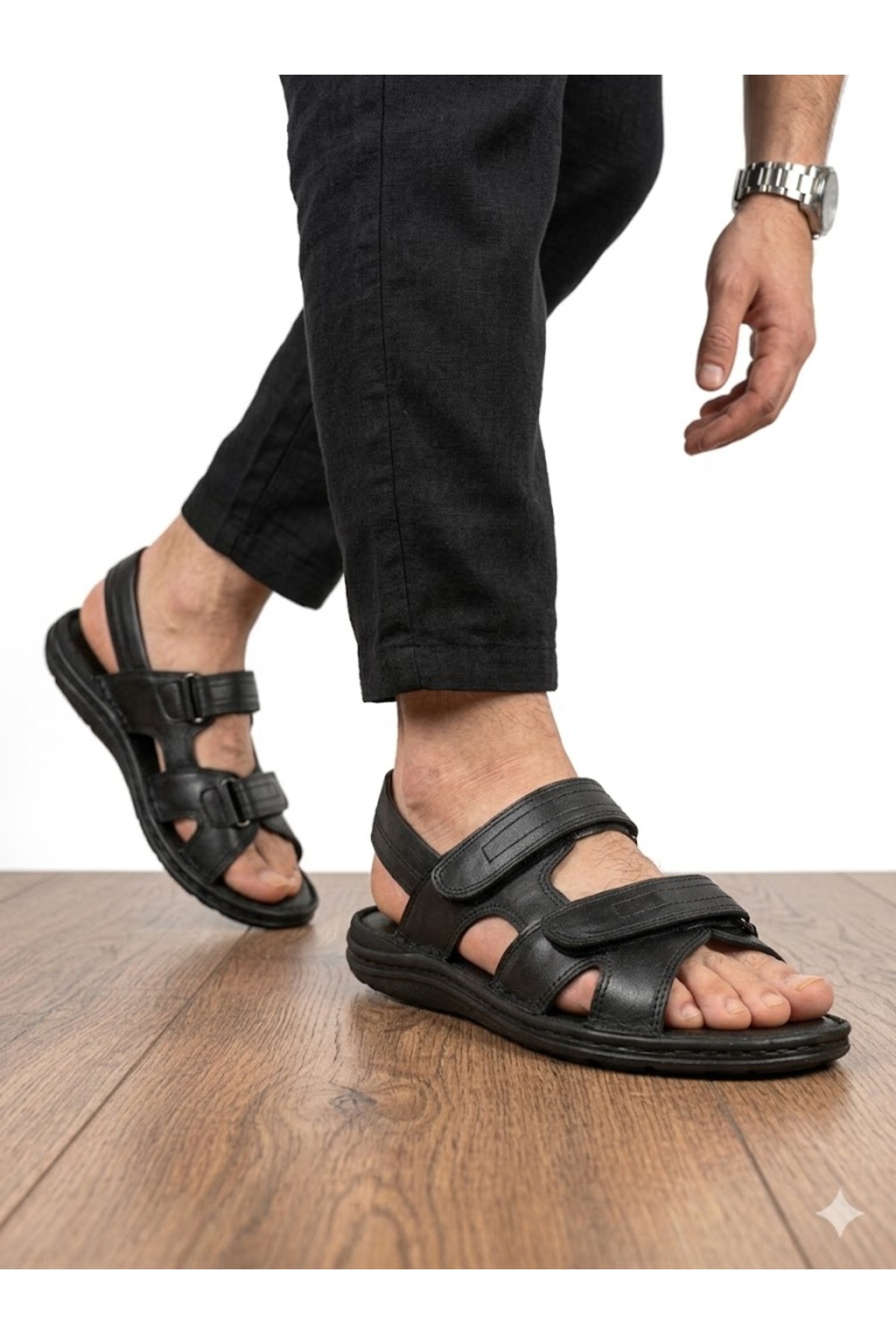 Lütfi Erkek Siyah Hakiki Deri Ortopedik Yumuşak Tabanlı Sandalet
