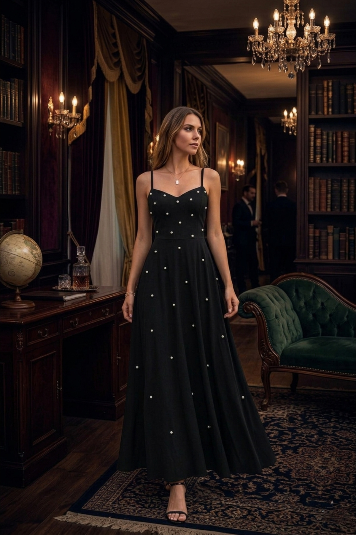 Women's V-Neck Pearl Detailed Long Crepe Evening Dress with Rope Strap, Special Day, Wedding-Invitations, For Graduation