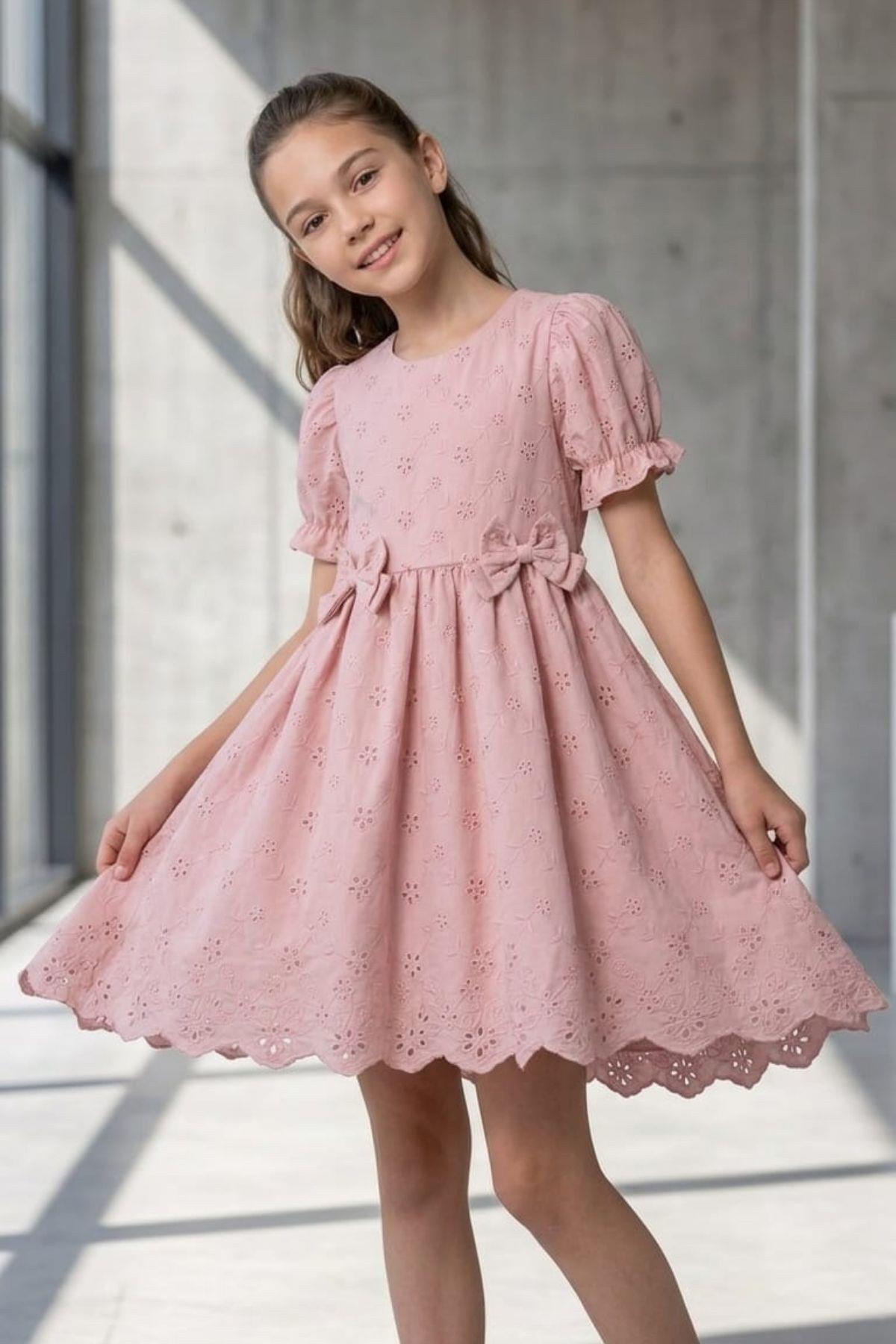 Girl Watermelon Sleeve Detailed Scalloped Ribbon Dress ELB2016