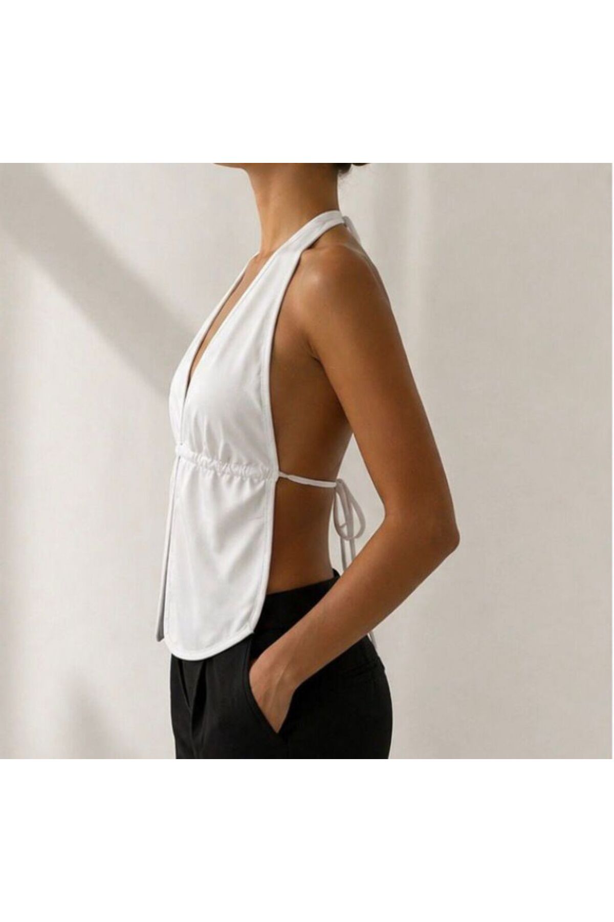 OTD STORE Beyaz Sırtı Açık Bağlamalı Crop Bluz, Dekolteli Kadın Üst görsel 2