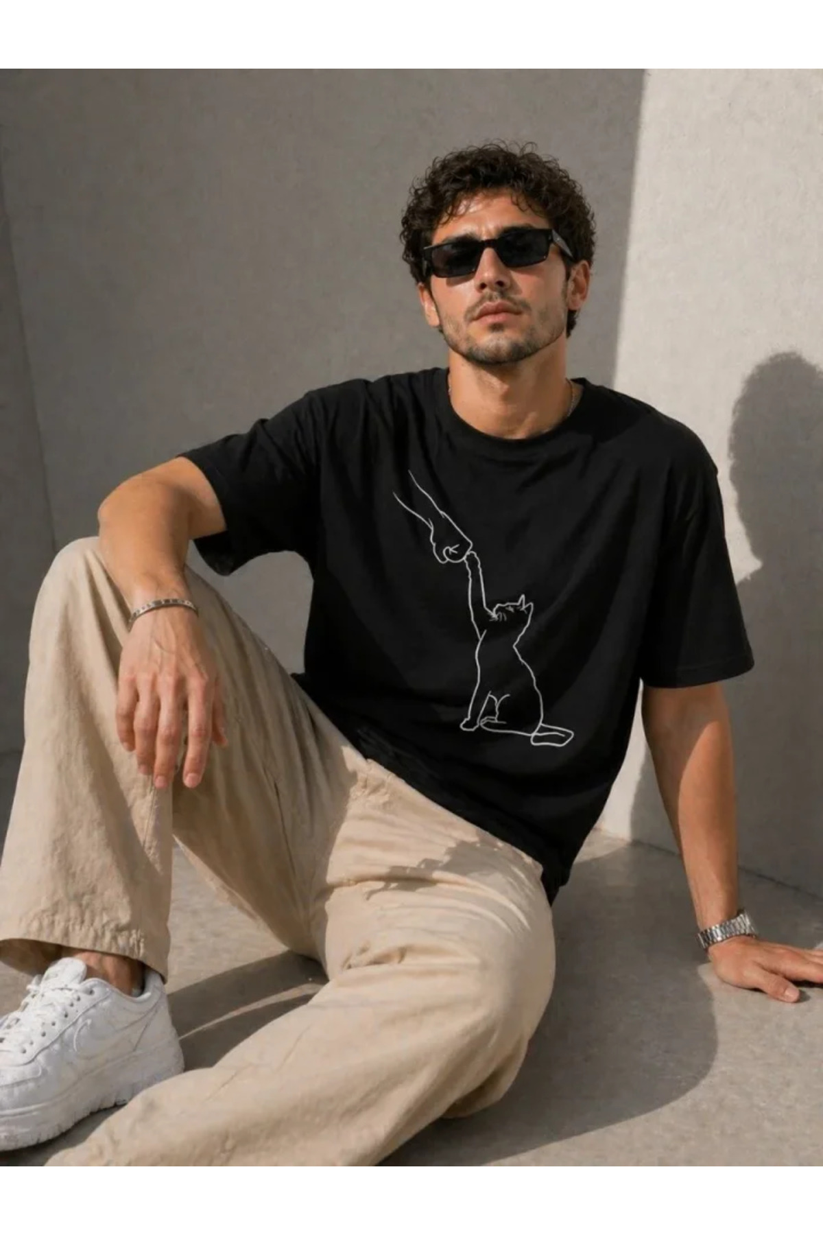 Erkek Minimal Kedi Çizim Baskılı Tişört Kısa Kol Yazlık T-Shirt - Siyah