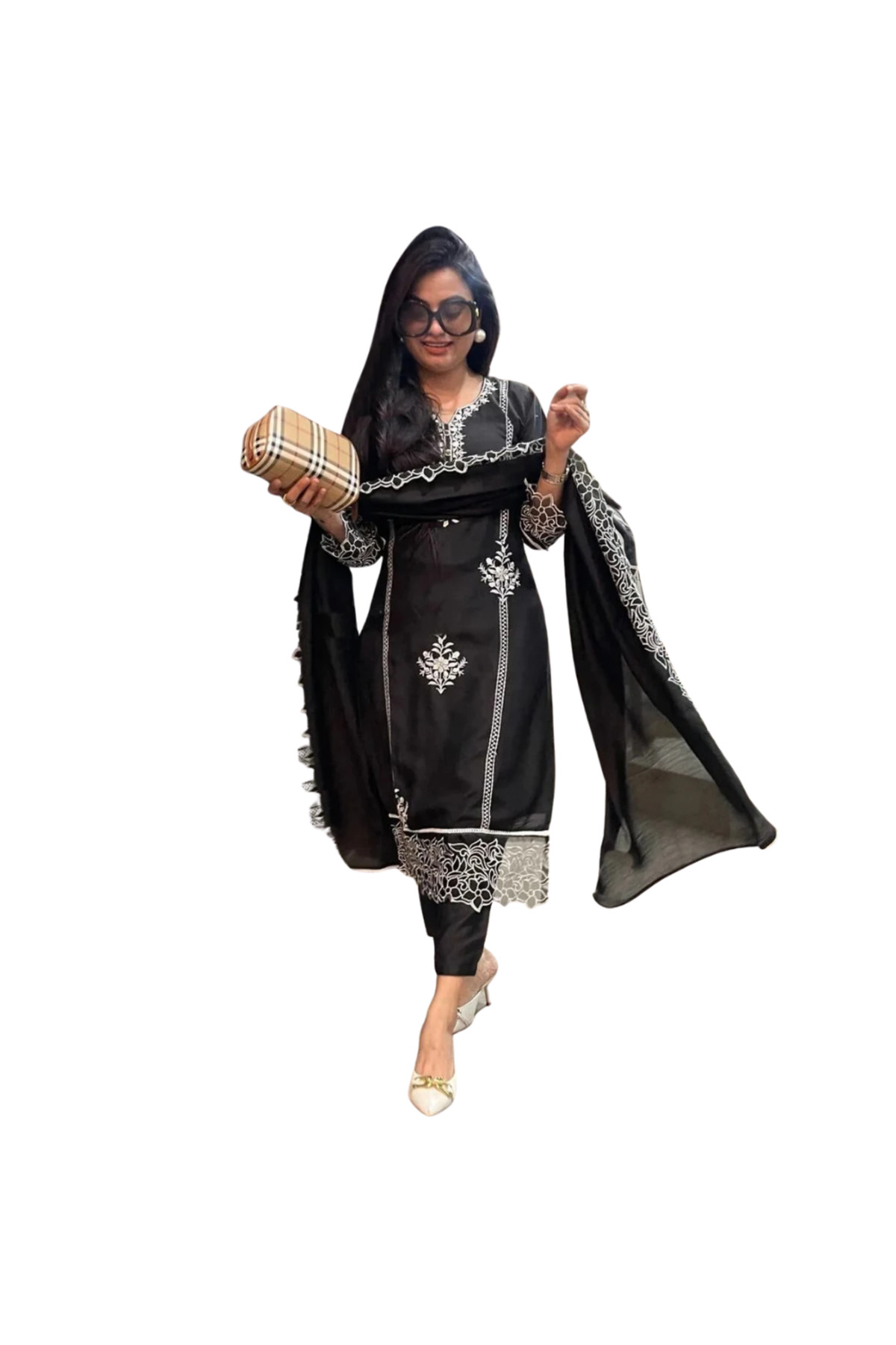 MYSMAR Black Rayon Viscose Embroidered Kurta Pant Set with Dupatta - TRT1116 | Black-Size:(S-36-Inches)