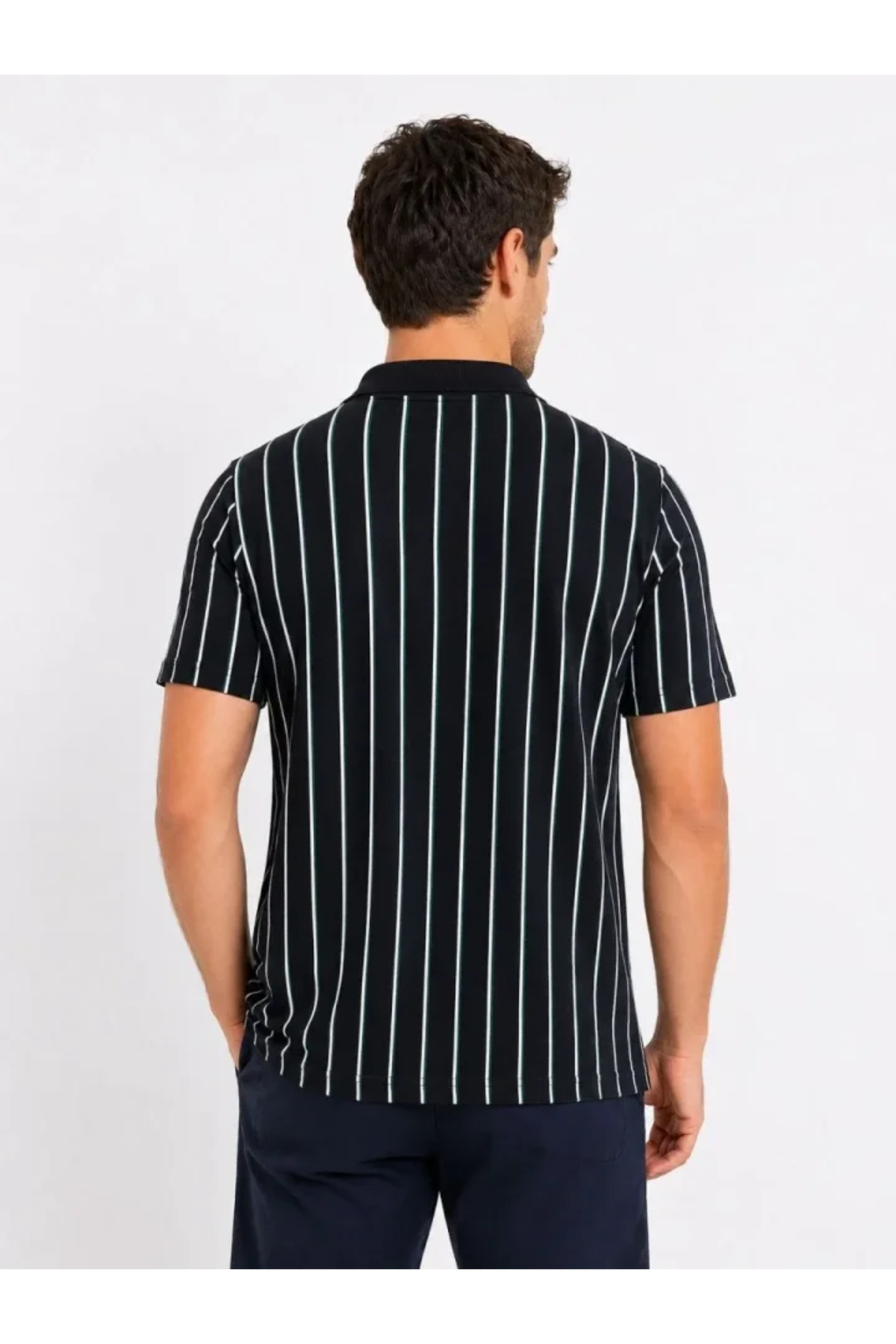 Erkek Pike Kumaş Çizgili Polo Yaka Tişört Kısa Kol Yazlık T-Shirt - Siyah