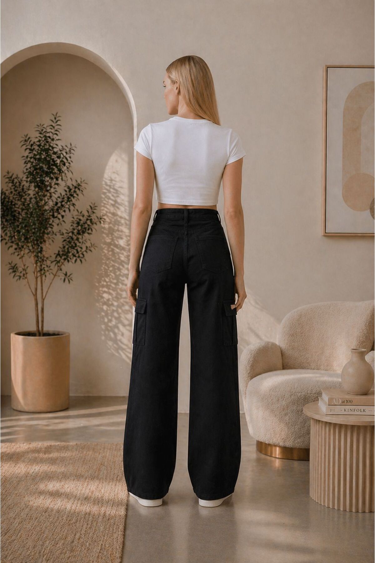 Rosita Kadın Yüksek Bel Full Likralı Kargo Cep Wide Leg Jean görsel 4