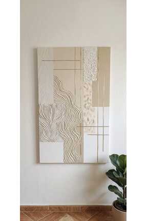 Nart Modern Dokulu Kabartmalı Tablo - Bej Bej & Gold Detaylı