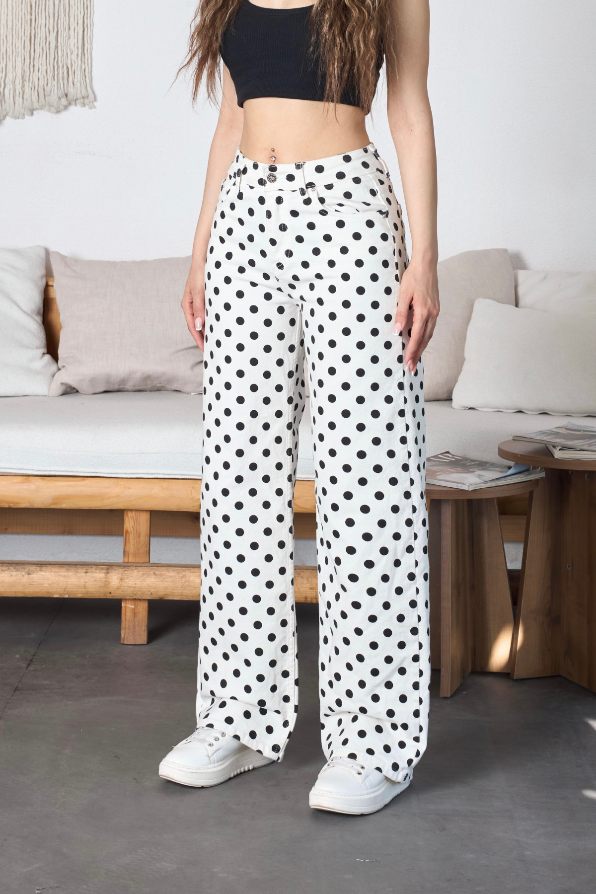 Polka Dot Wide Leg Denim Pants
