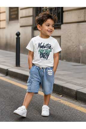 bubiee baby Erkek Çocuk Beyaz Mavi Manhattan Baskılı T-shirt Ve Kargo Cepli K...