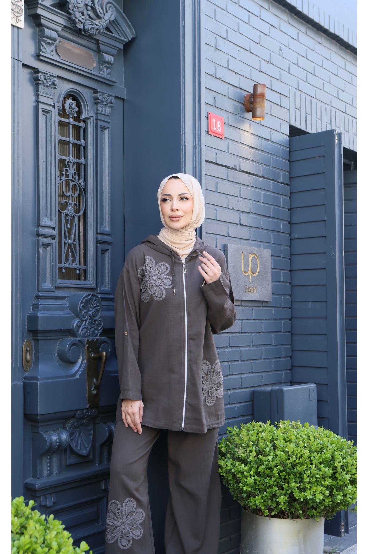 NİSUM MODA Çiçekli Fermuarlı Pamuk Keten Takım görsel 4
